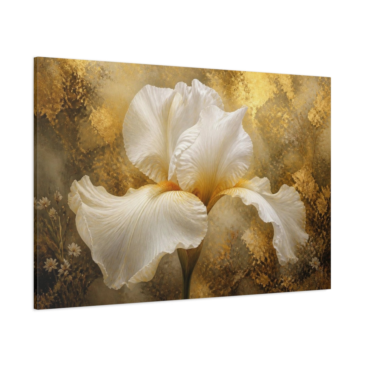 Side Mockup 1. Luxe White Iris shown as canvas print