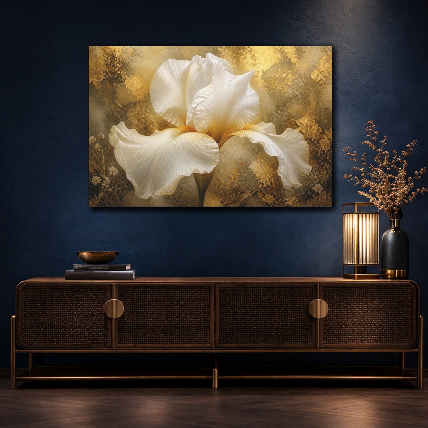 Mockup 4. Luxe White Iris shown as canvas print