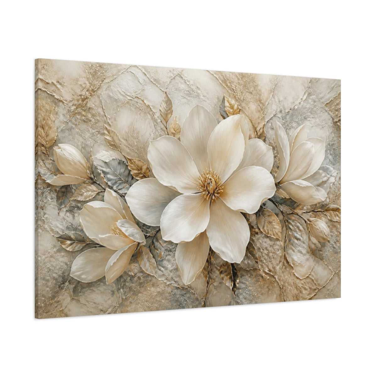 Side Mockup 1. Luxurious White Magnolia shown as canvas print