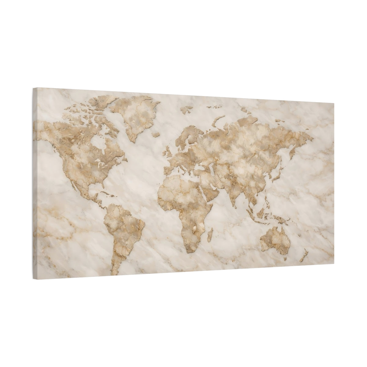 Side Mockup 1. Maps World Map Brown And White Marble shown as stretched canvas wall art