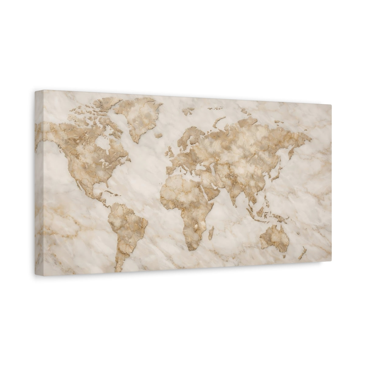 Side Mockup 3. Maps World Map Brown And White Marble shown as stretched canvas wall art