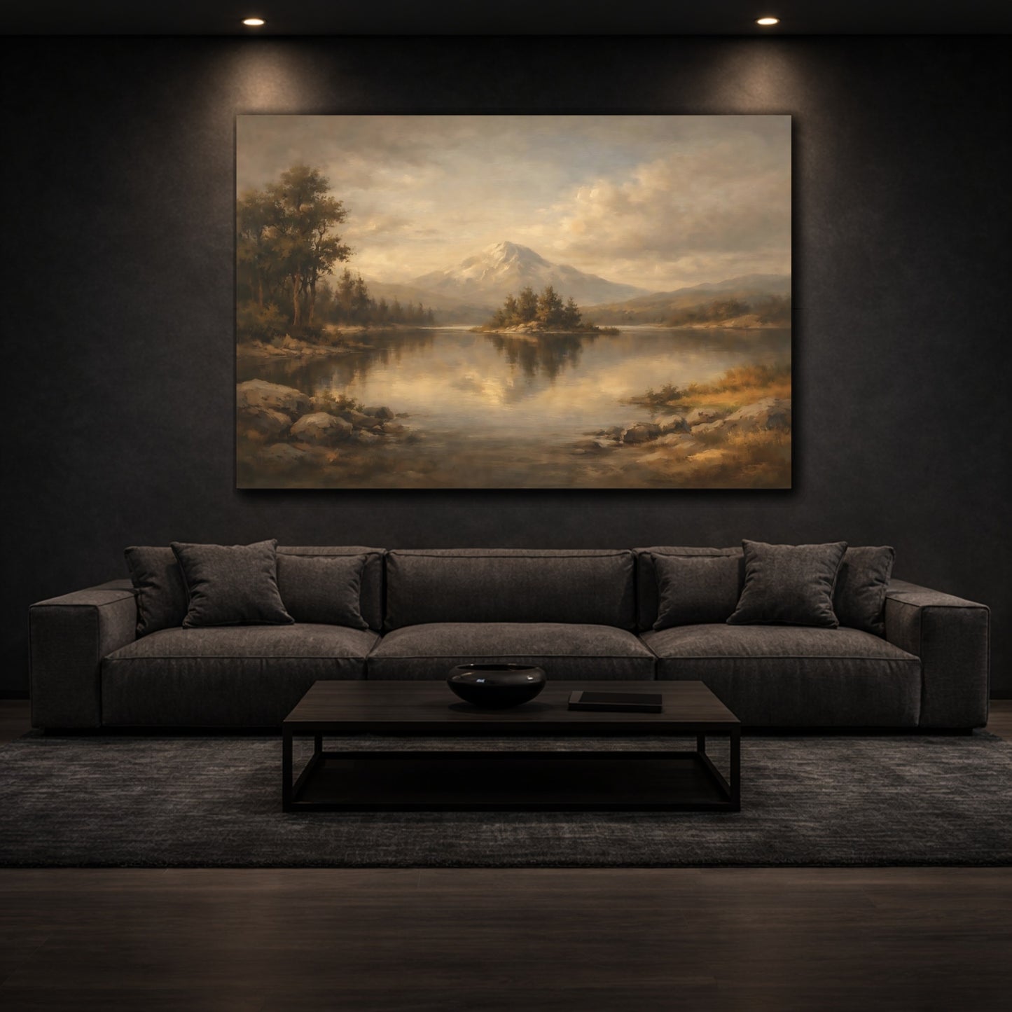 Mockup 2. Luxury Minimal Dark Brown And Grey Balance shown as stretched canvas wall art