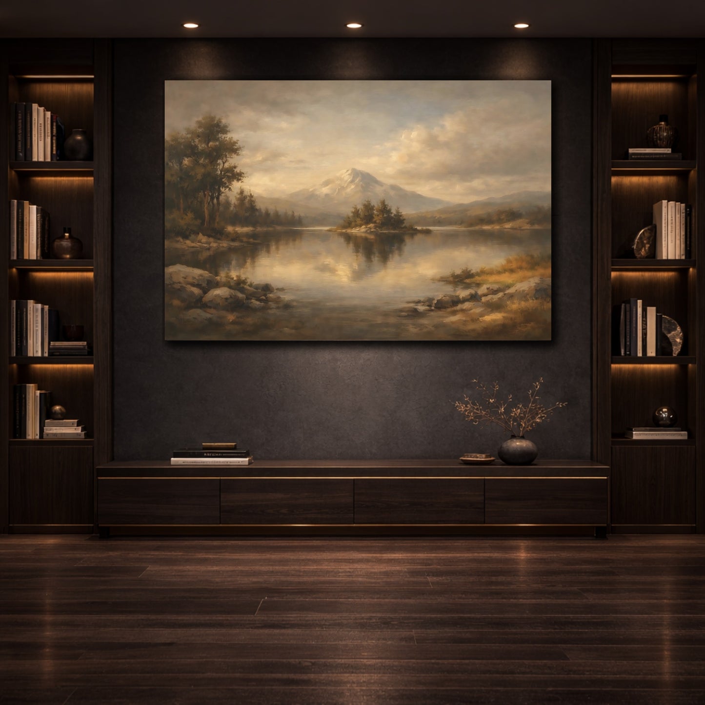 Mockup 3. Luxury Minimal Dark Brown And Grey Balance shown as stretched canvas wall art