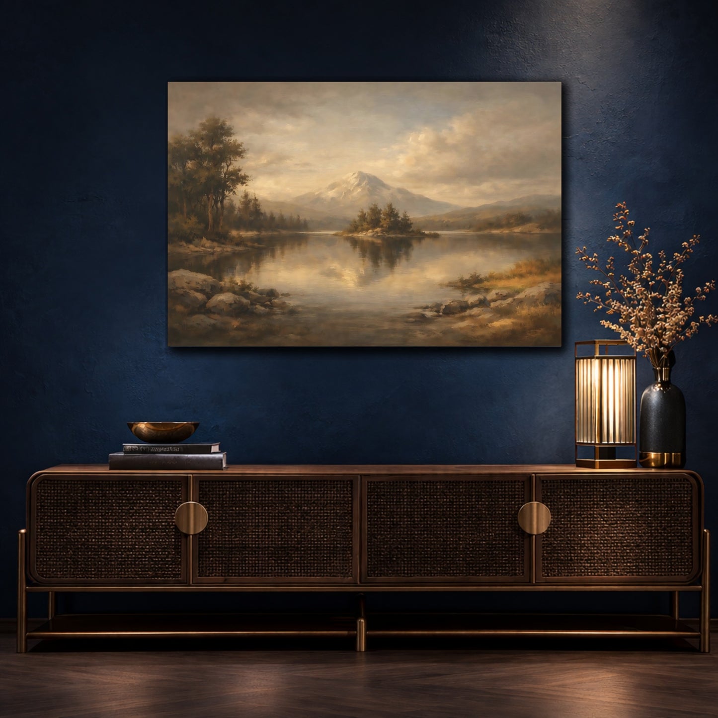 Mockup 4. Luxury Minimal Dark Brown And Grey Balance shown as stretched canvas wall art