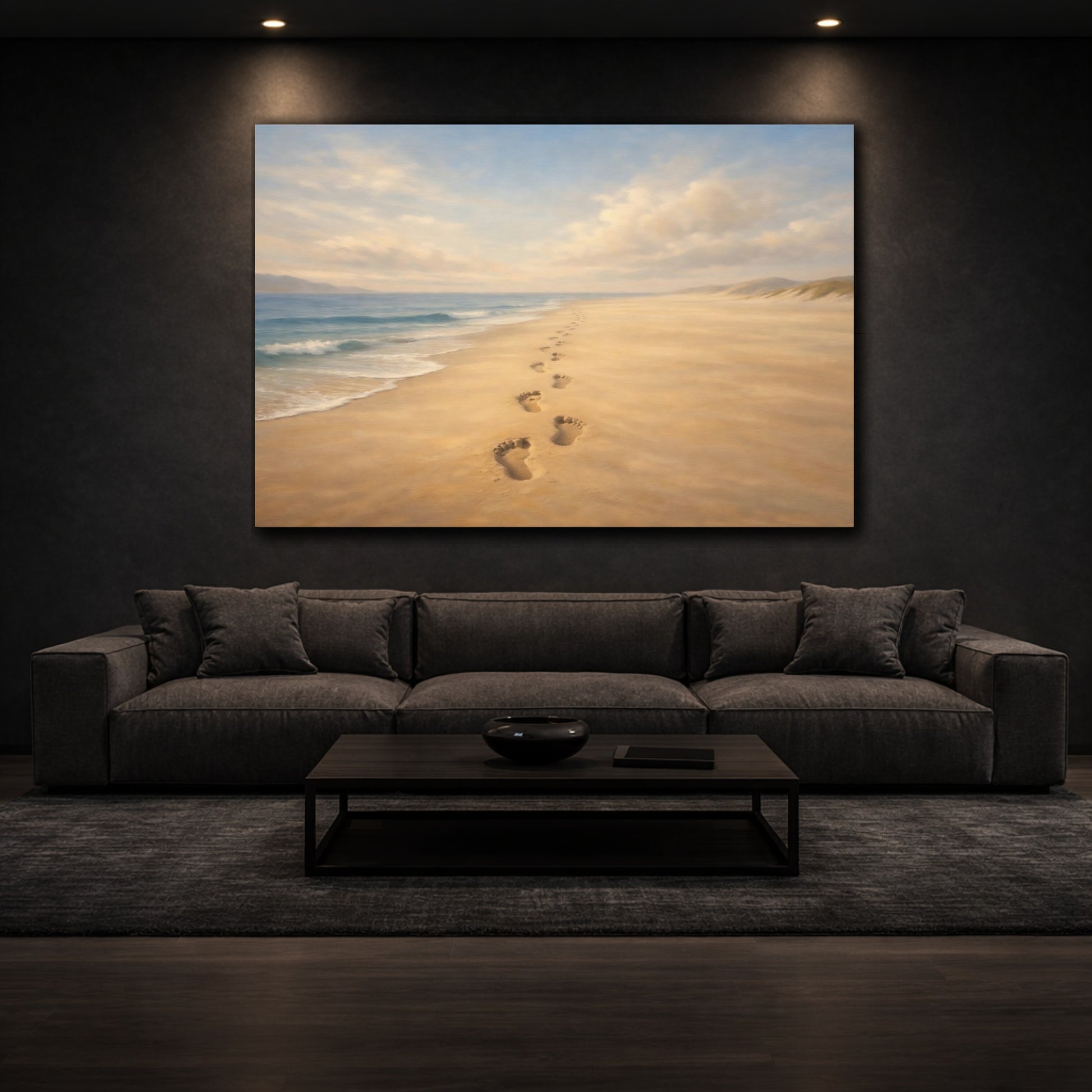 Mockup 2. Luxury Minimal Footprints In Sand Horizon Scene shown as stretched canvas wall art