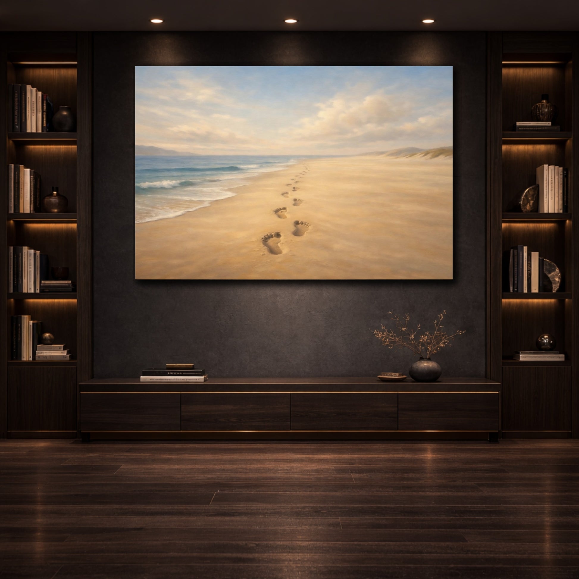 Mockup 3. Luxury Minimal Footprints In Sand Horizon Scene shown as stretched canvas wall art