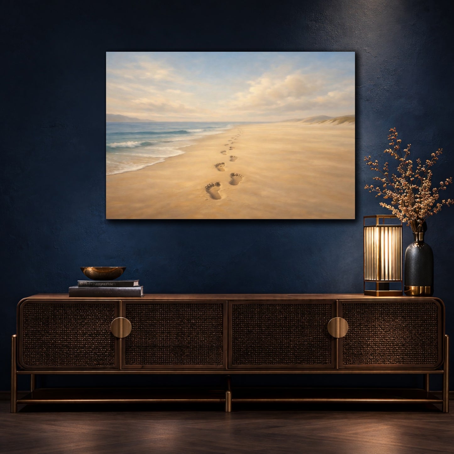 Mockup 4. Luxury Minimal Footprints In Sand Horizon Scene shown as stretched canvas wall art