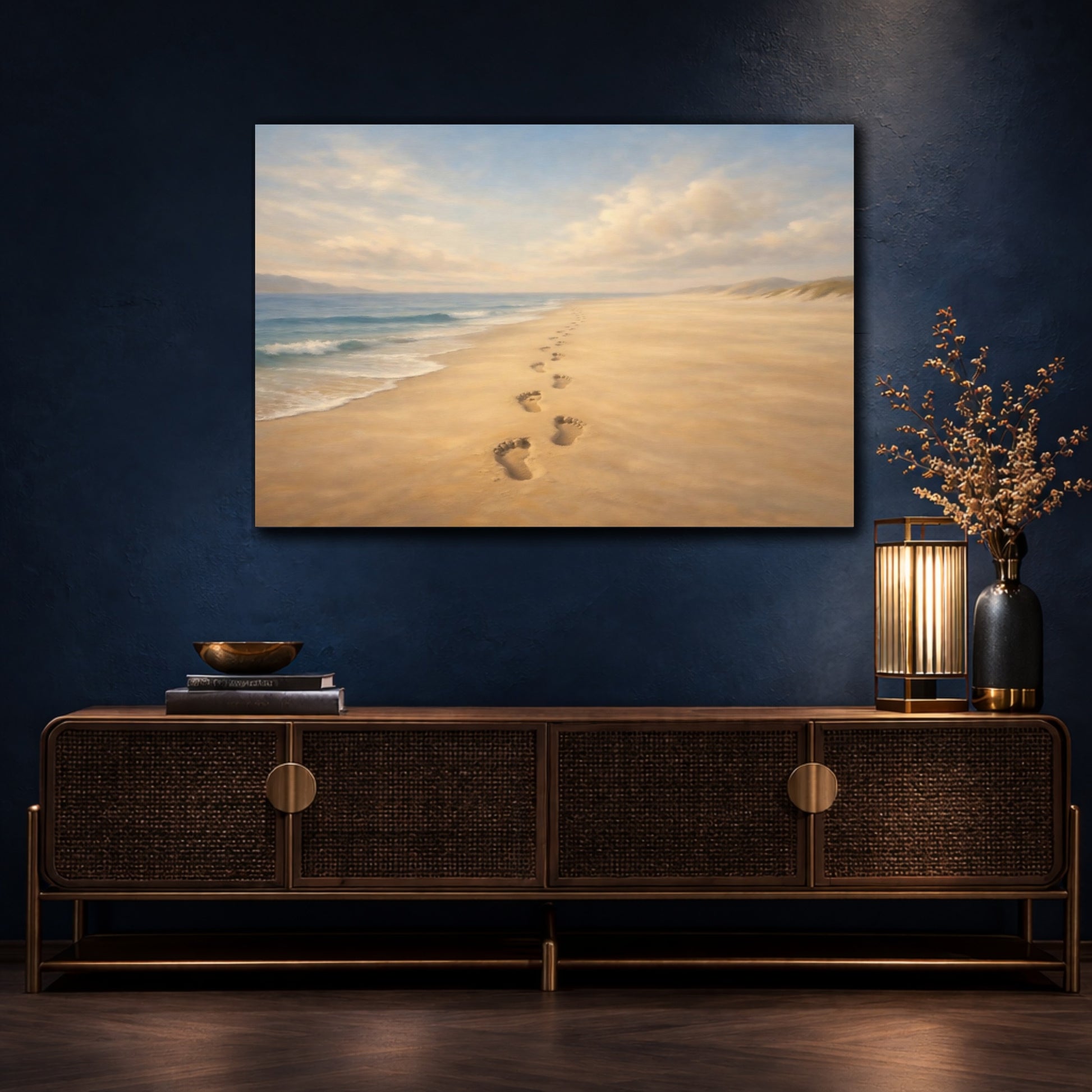 Mockup 4. Luxury Minimal Footprints In Sand Horizon Scene shown as stretched canvas wall art