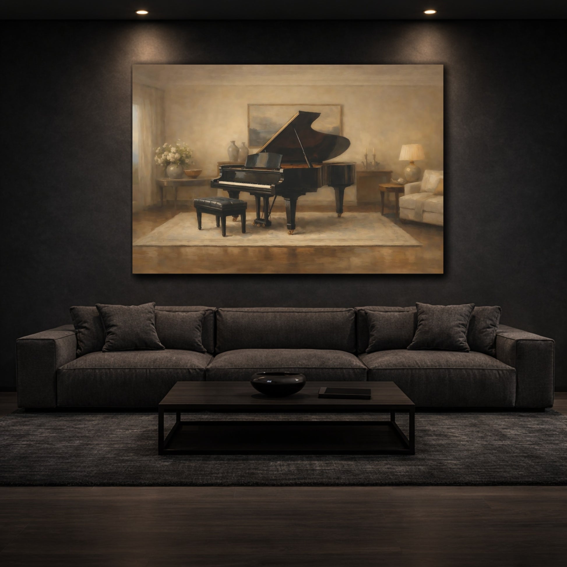 Mockup 2. Luxury Minimal Grand Piano Interior Scene shown as stretched canvas wall art