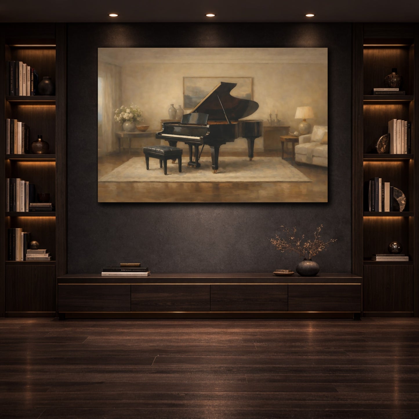 Mockup 3. Luxury Minimal Grand Piano Interior Scene shown as stretched canvas wall art