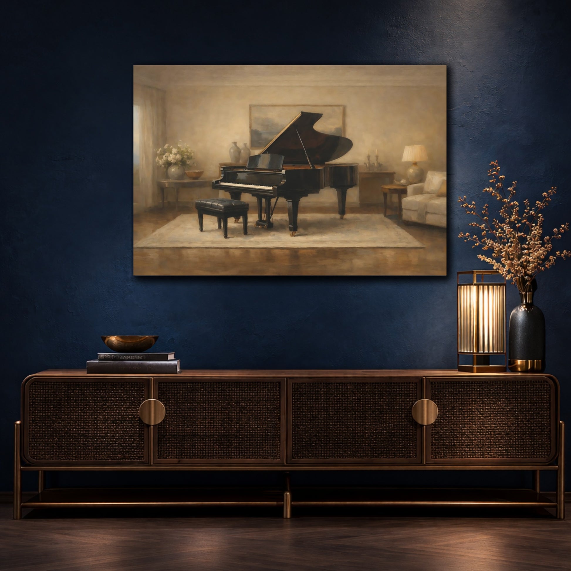 Mockup 4. Luxury Minimal Grand Piano Interior Scene shown as stretched canvas wall art
