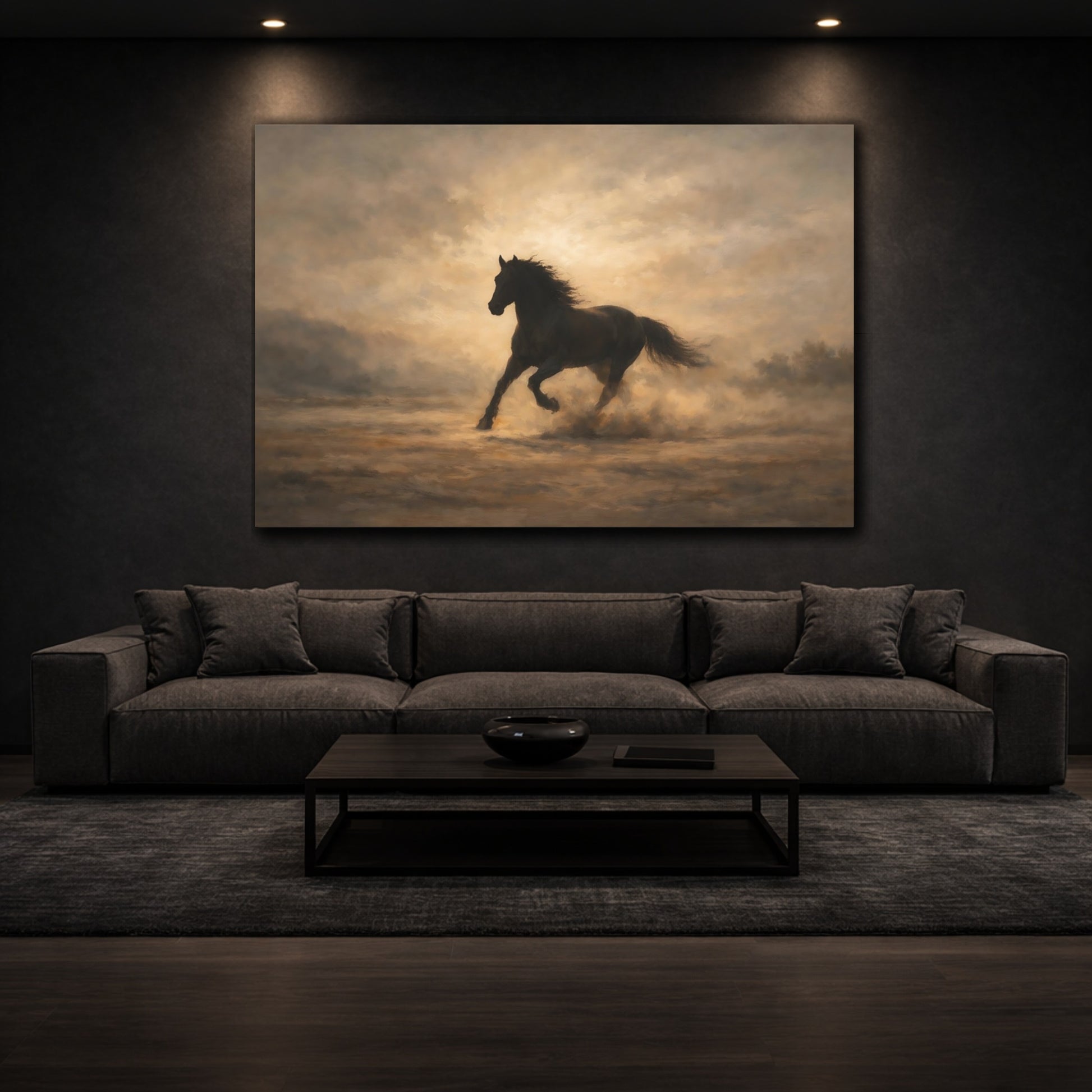 Mockup 2. Luxury Minimal Horse Running Dramatic Scene shown as stretched canvas wall art
