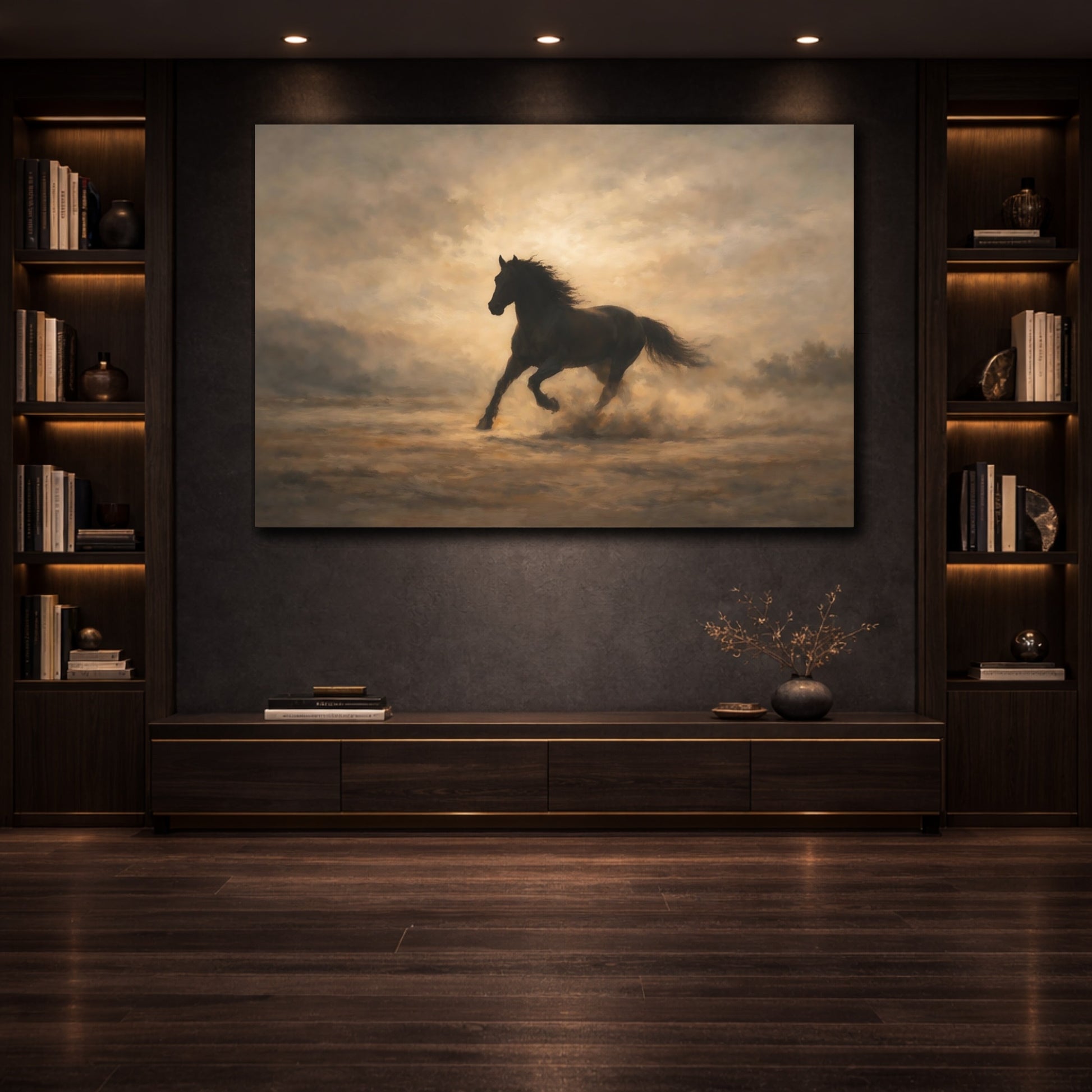 Mockup 3. Luxury Minimal Horse Running Dramatic Scene shown as stretched canvas wall art