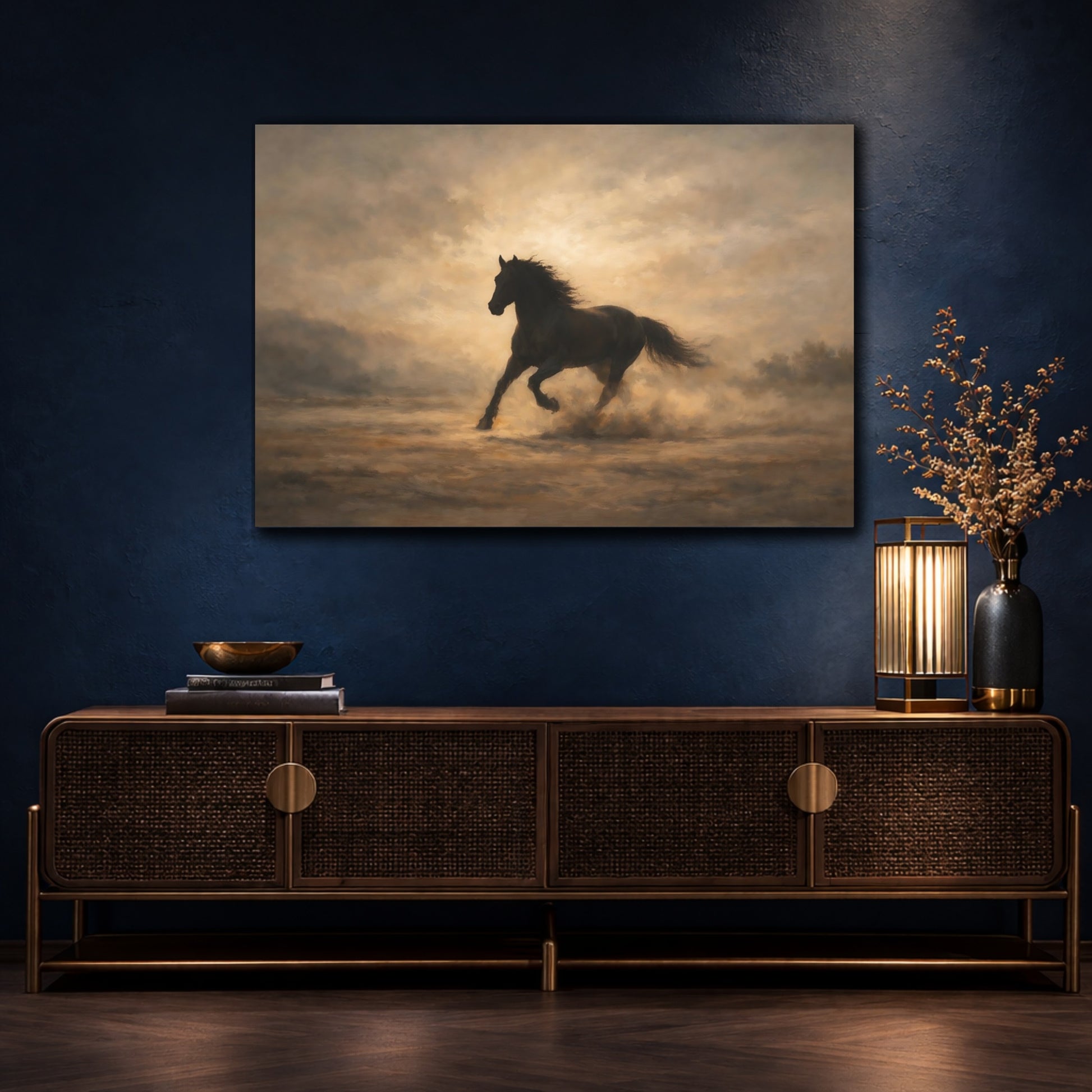 Mockup 4. Luxury Minimal Horse Running Dramatic Scene shown as stretched canvas wall art