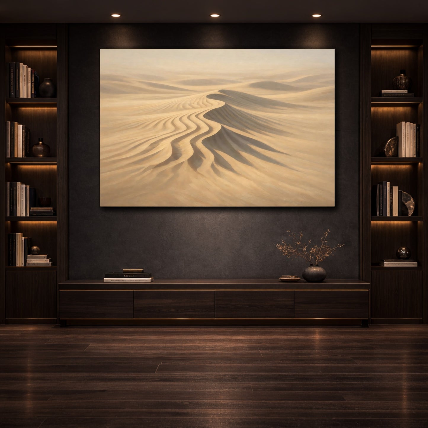 Mockup 3. Luxury Minimal Sand Ripple Sharp Shadow shown as stretched canvas wall art
