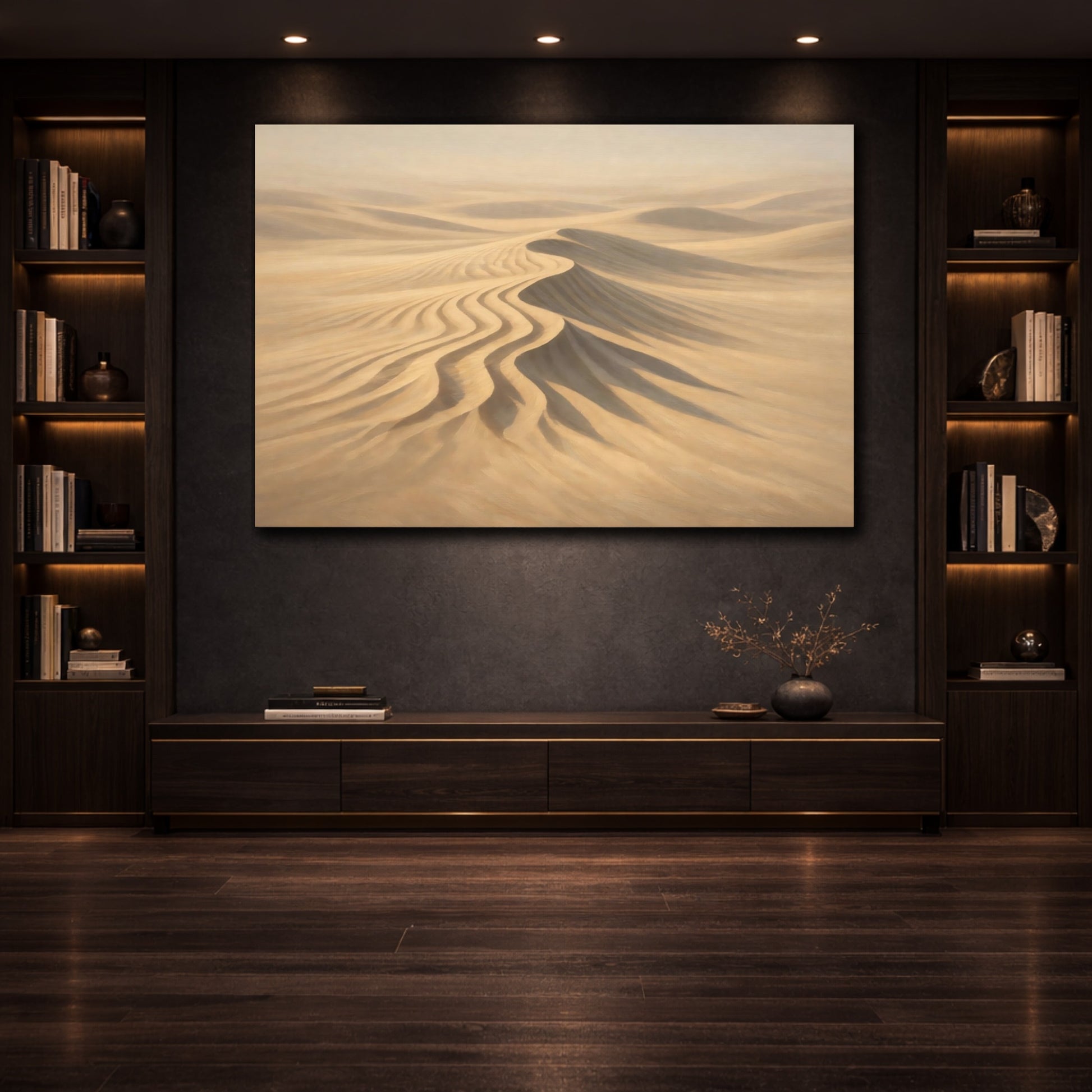 Mockup 3. Luxury Minimal Sand Ripple Sharp Shadow shown as stretched canvas wall art