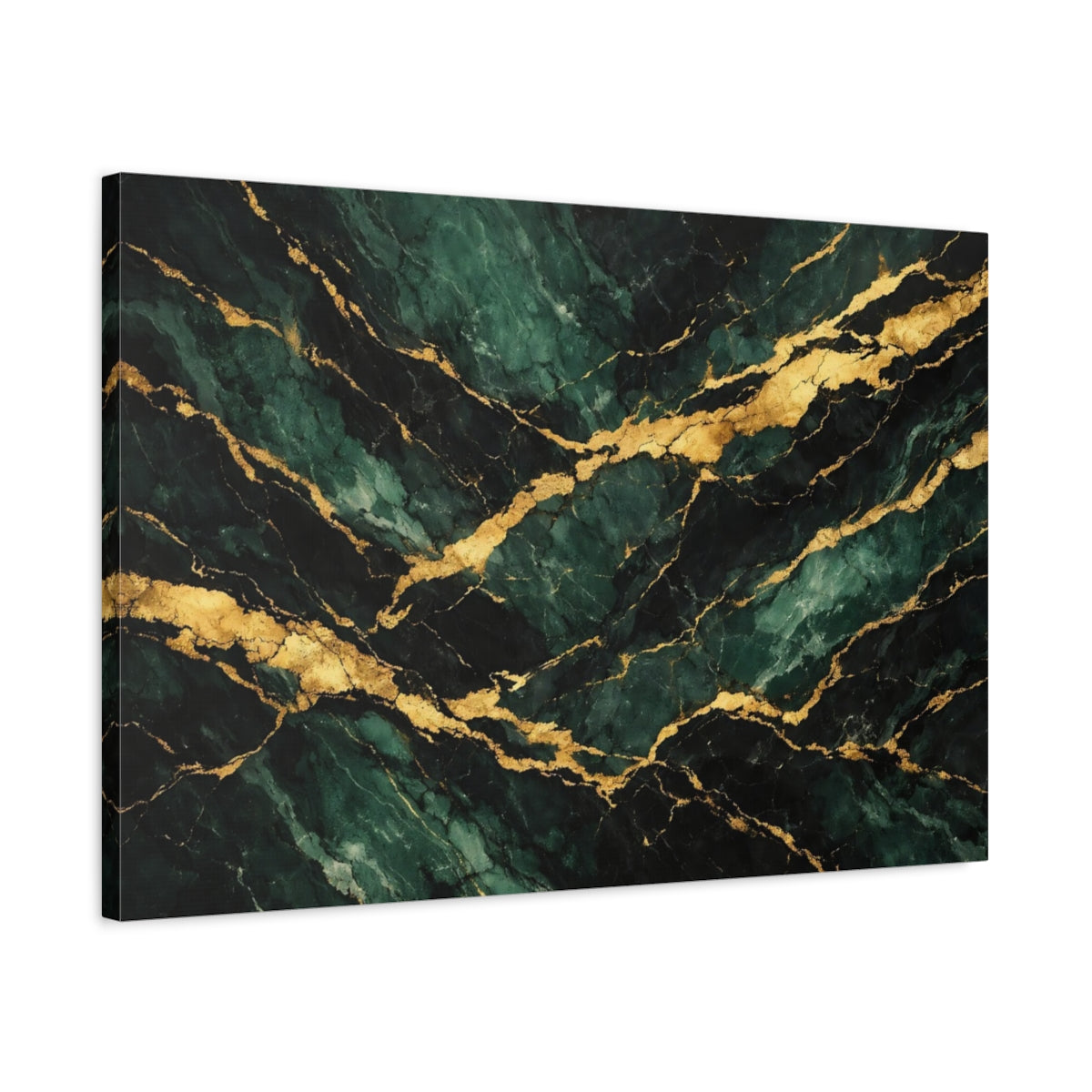 Side Mockup 2. Abstract Marble Green Gold Marble shown as stretched canvas wall art