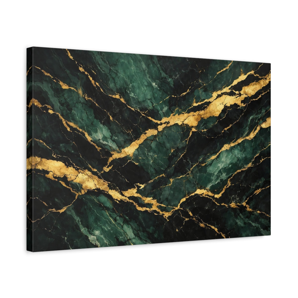 Side Mockup 3. Abstract Marble Green Gold Marble shown as stretched canvas wall art