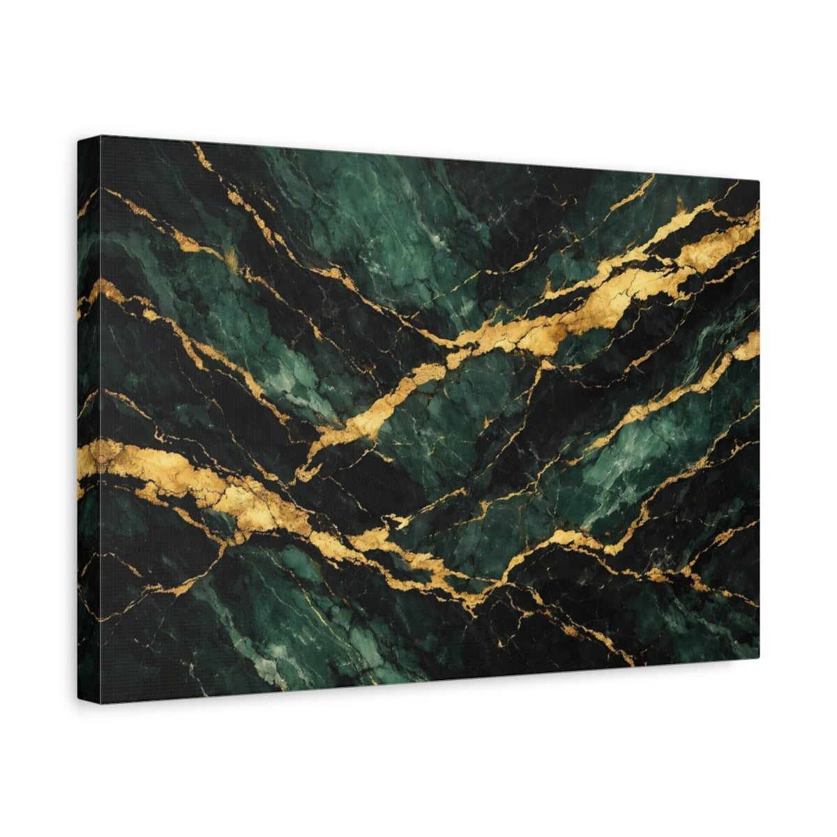 Side Mockup 4. Abstract Marble Green Gold Marble shown as stretched canvas wall art