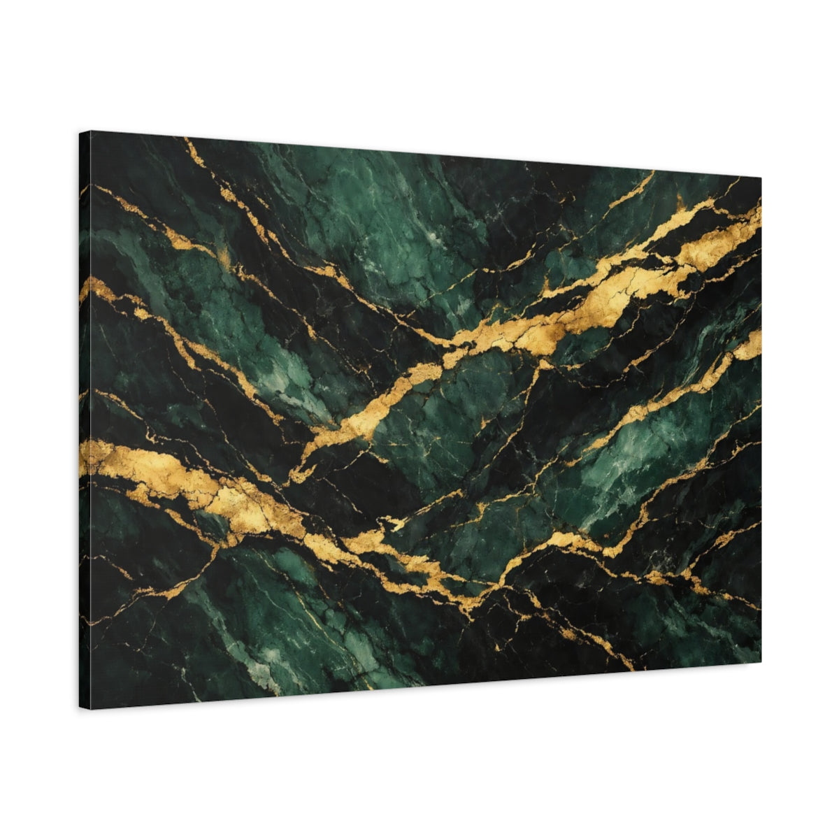 Side Mockup 1. Abstract Marble Green Gold Marble shown as stretched canvas wall art