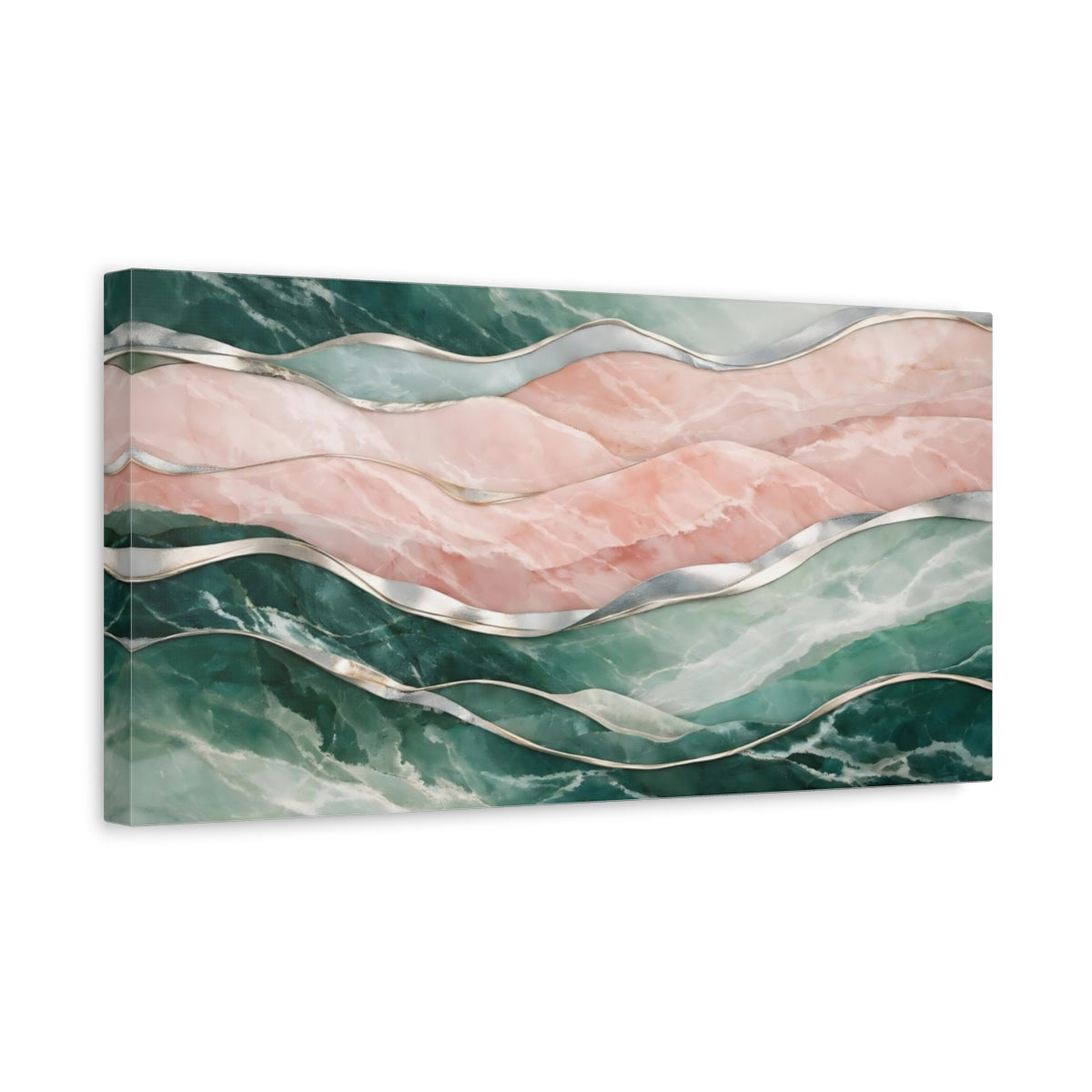 Side Mockup 3. Abstract Marble Waves Pink And Green Marble shown as stretched canvas wall art
