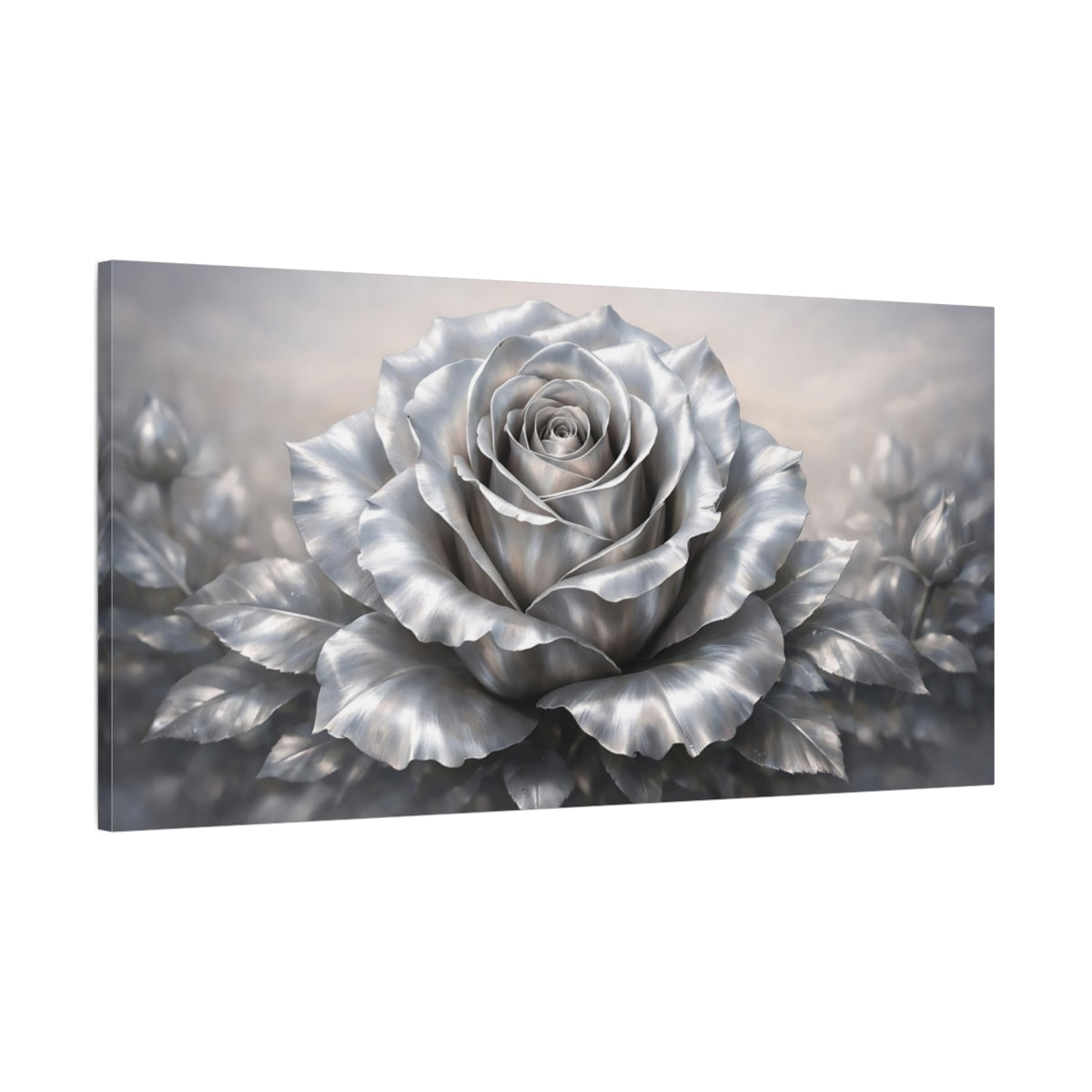 Side Mockup 1. Floral Silver Rose Silver Rose shown as stretched canvas wall art