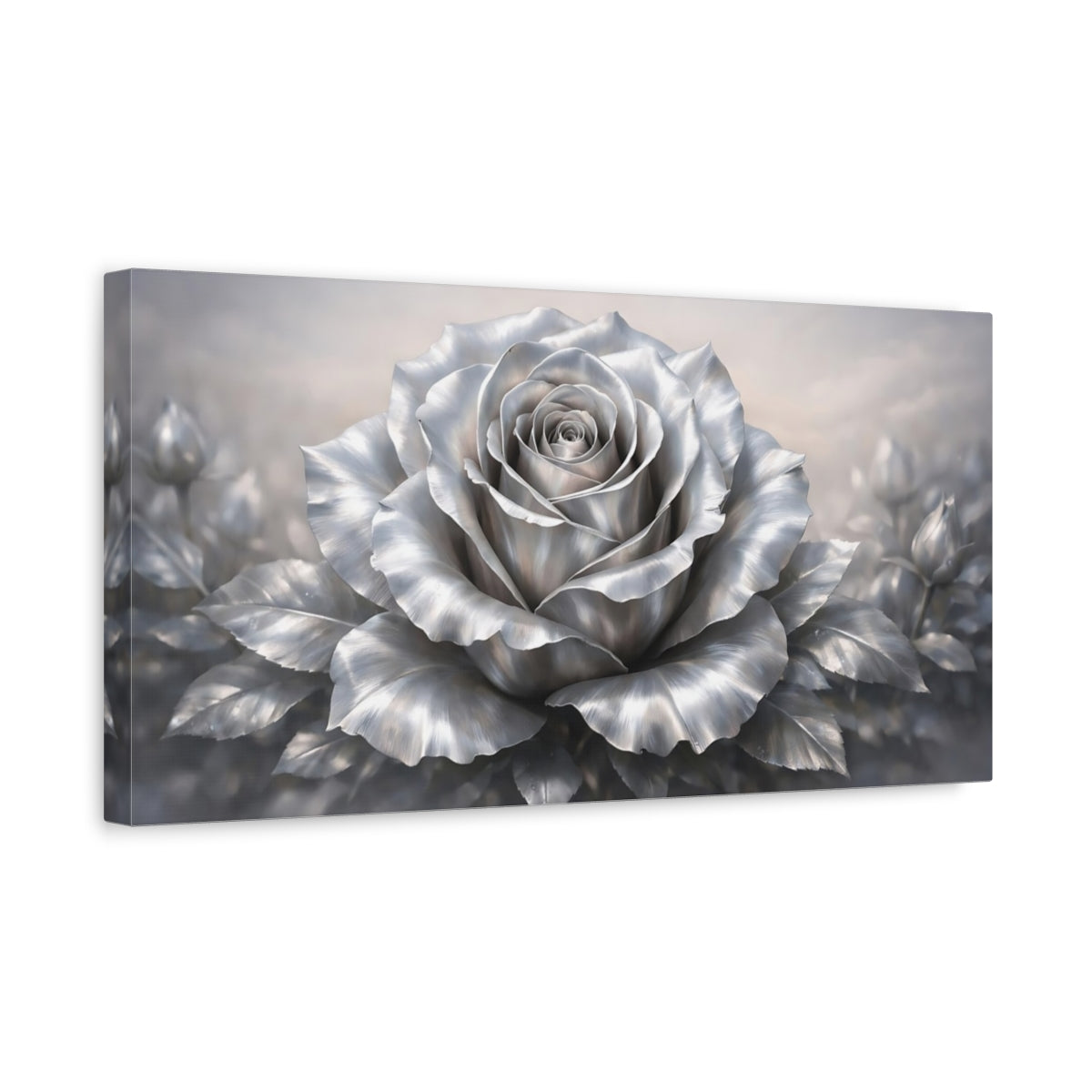 Side Mockup 3. Floral Silver Rose Silver Rose shown as stretched canvas wall art