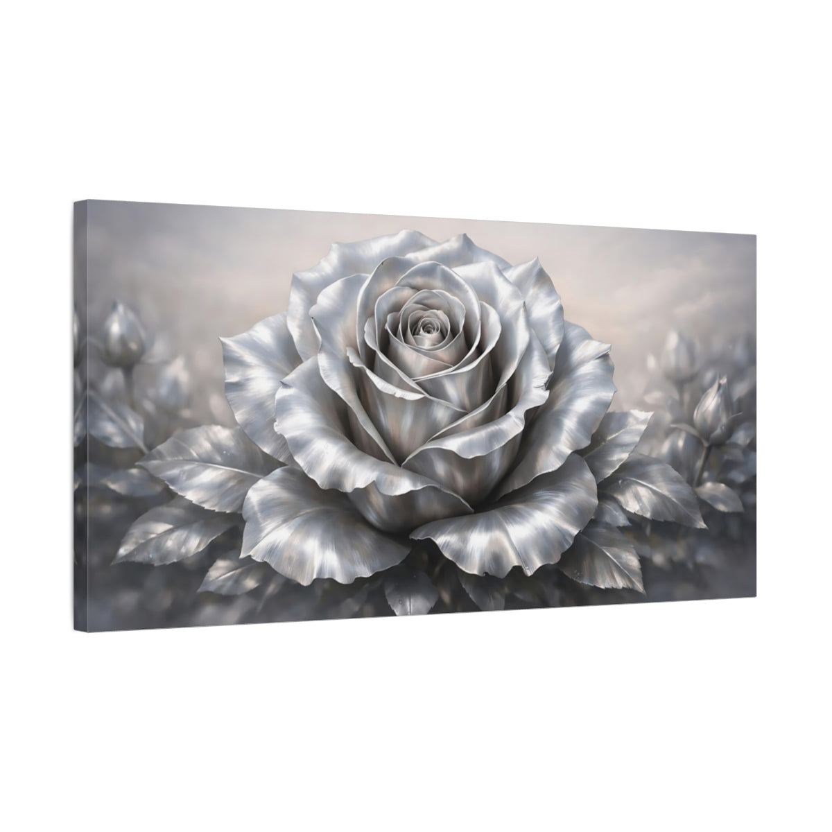Side Mockup 2. Floral Silver Rose Silver Rose shown as stretched canvas wall art