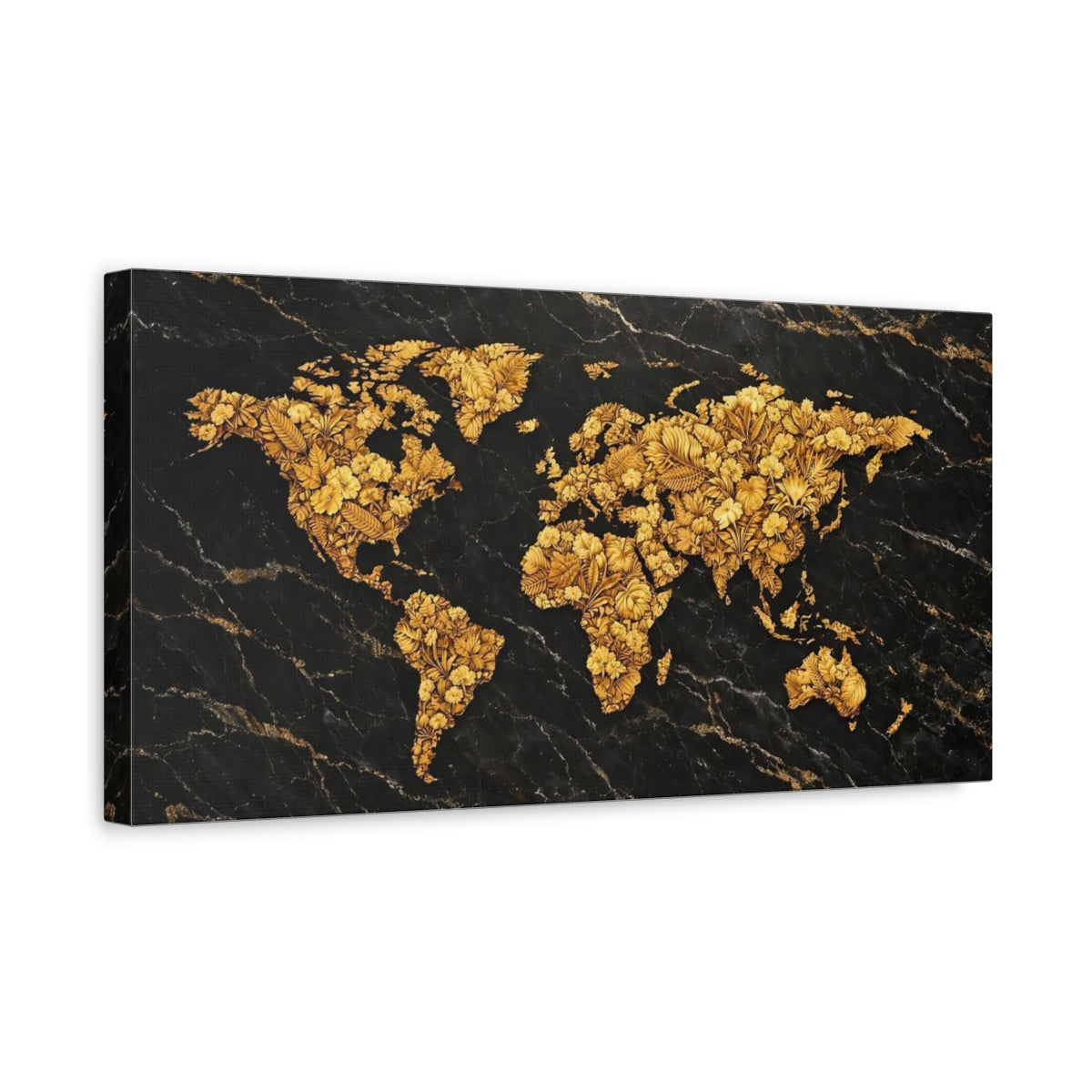 Side Mockup 3. Maps World Map Black Gold Map shown as stretched canvas wall art