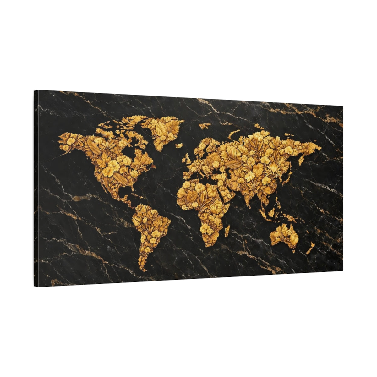 Side Mockup 1. Maps World Map Black Gold Map shown as stretched canvas wall art