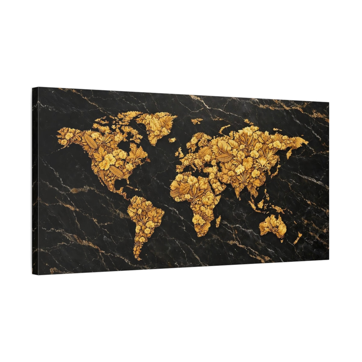 Side Mockup 2. Maps World Map Black Gold Map shown as stretched canvas wall art