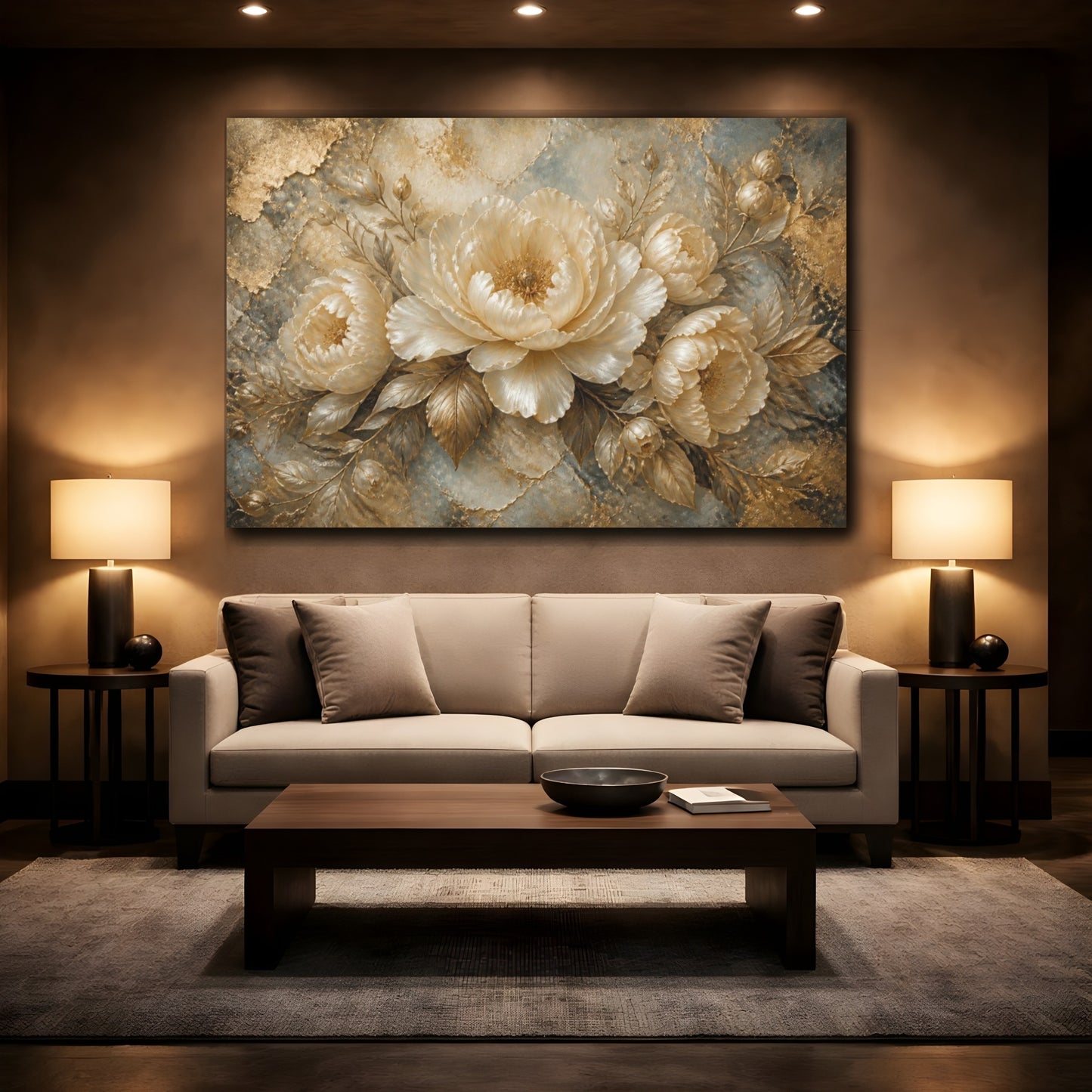 Mockup 2. Luxury Pearl Peony shown as canvas print