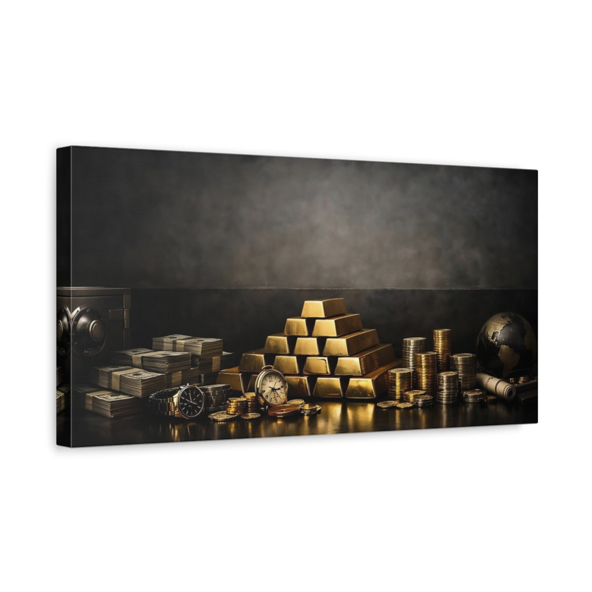 Side Mockup 3. Vintage Gold Bars Gold And Black shown as stretched canvas wall art