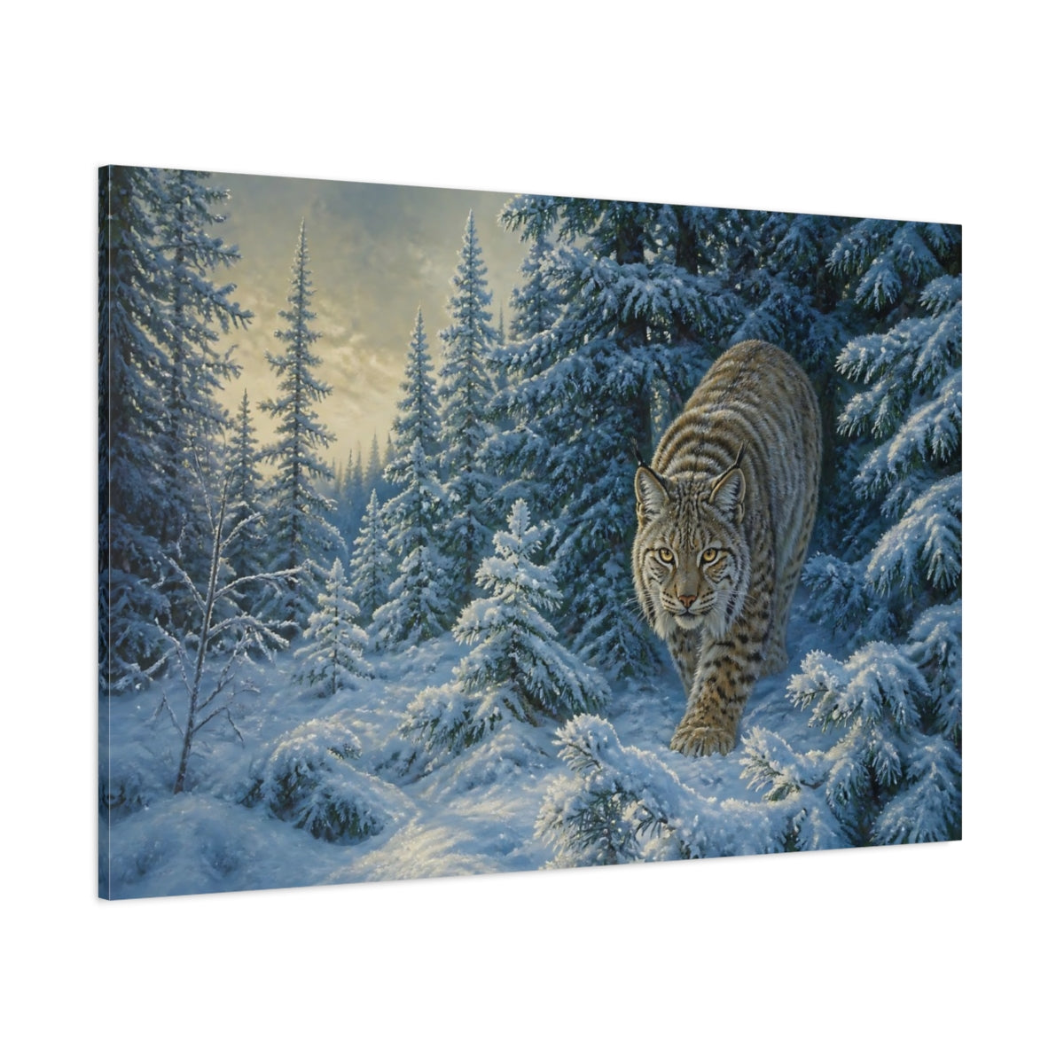 Side Mockup 1. Lynx In Snowy Pines shown as canvas print
