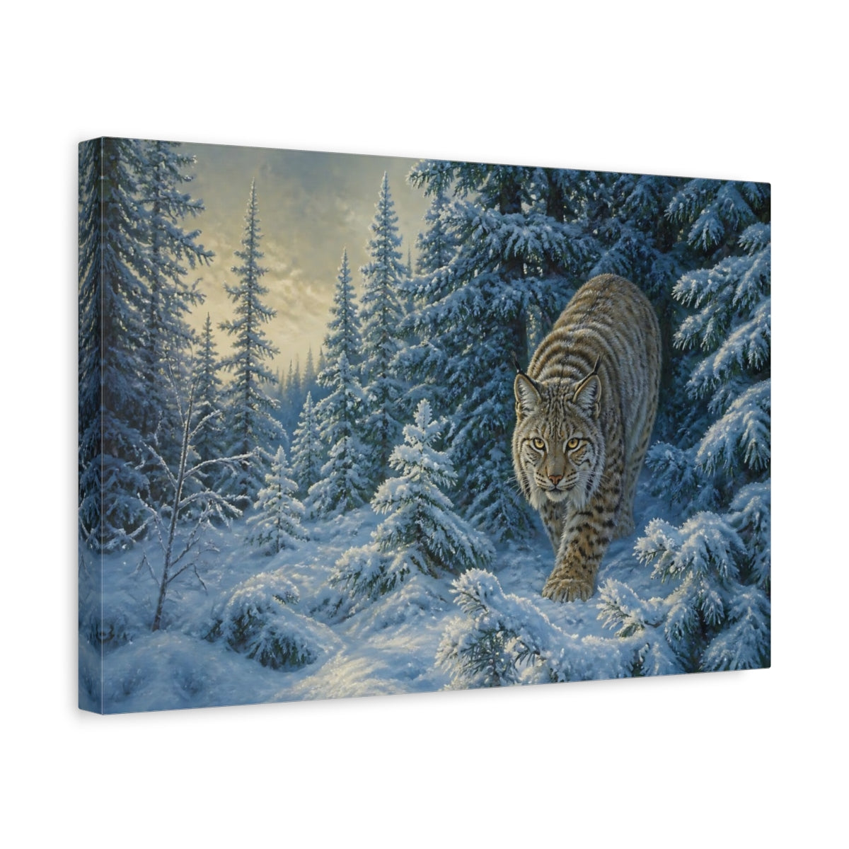 Side Mockup 4. Lynx In Snowy Pines shown as canvas print