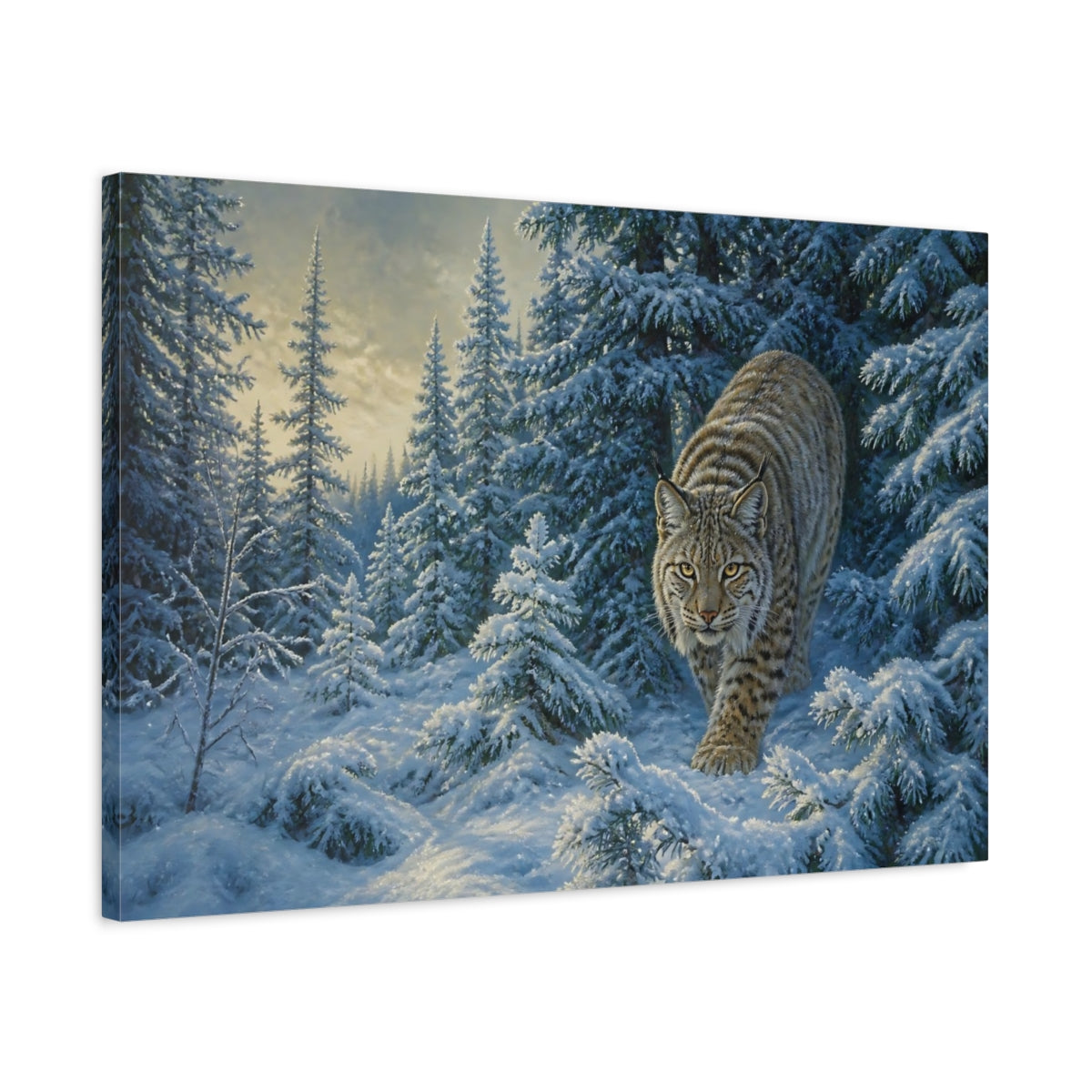 Side Mockup 2. Lynx In Snowy Pines shown as canvas print