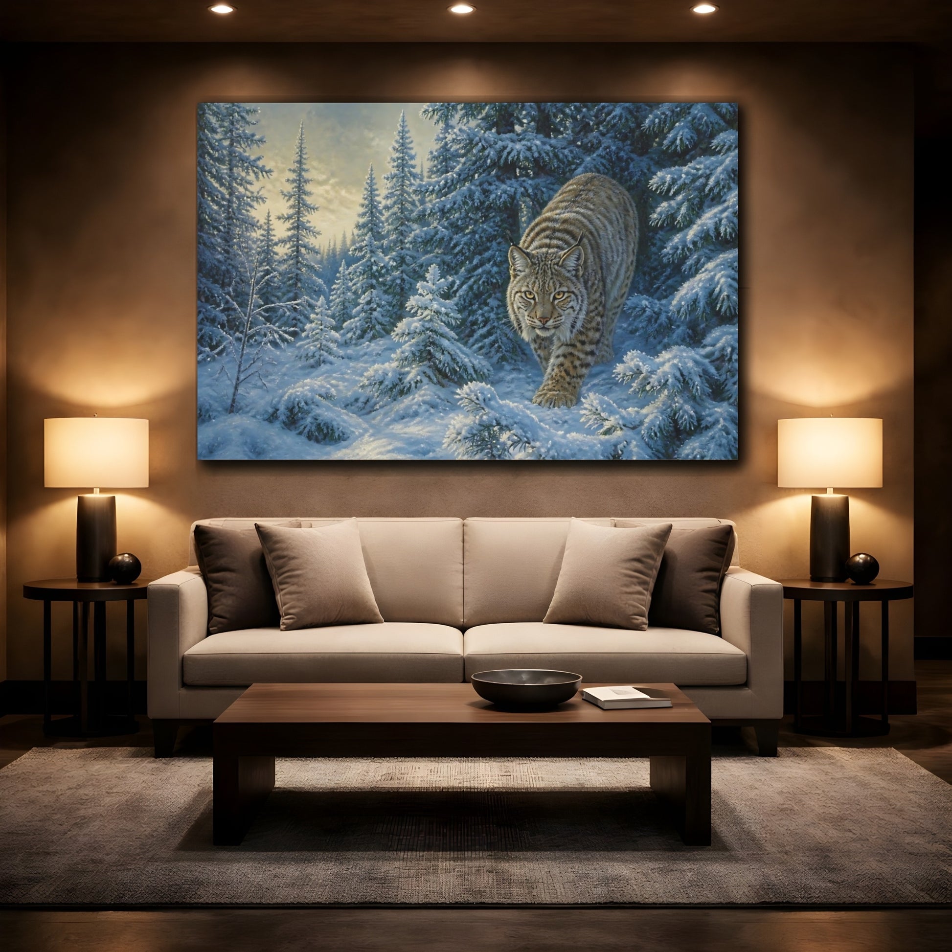 Mockup 2. Lynx In Snowy Pines shown as canvas print
