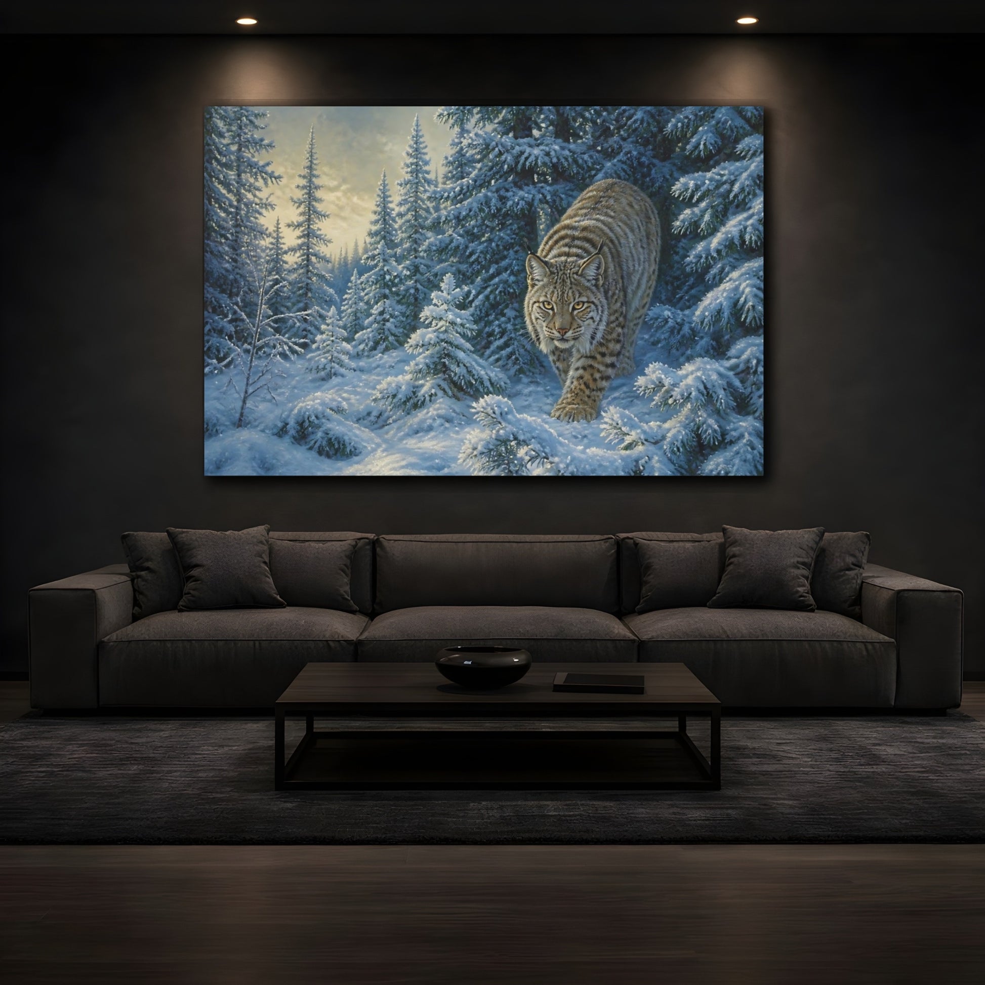 Mockup 3. Lynx In Snowy Pines shown as canvas print