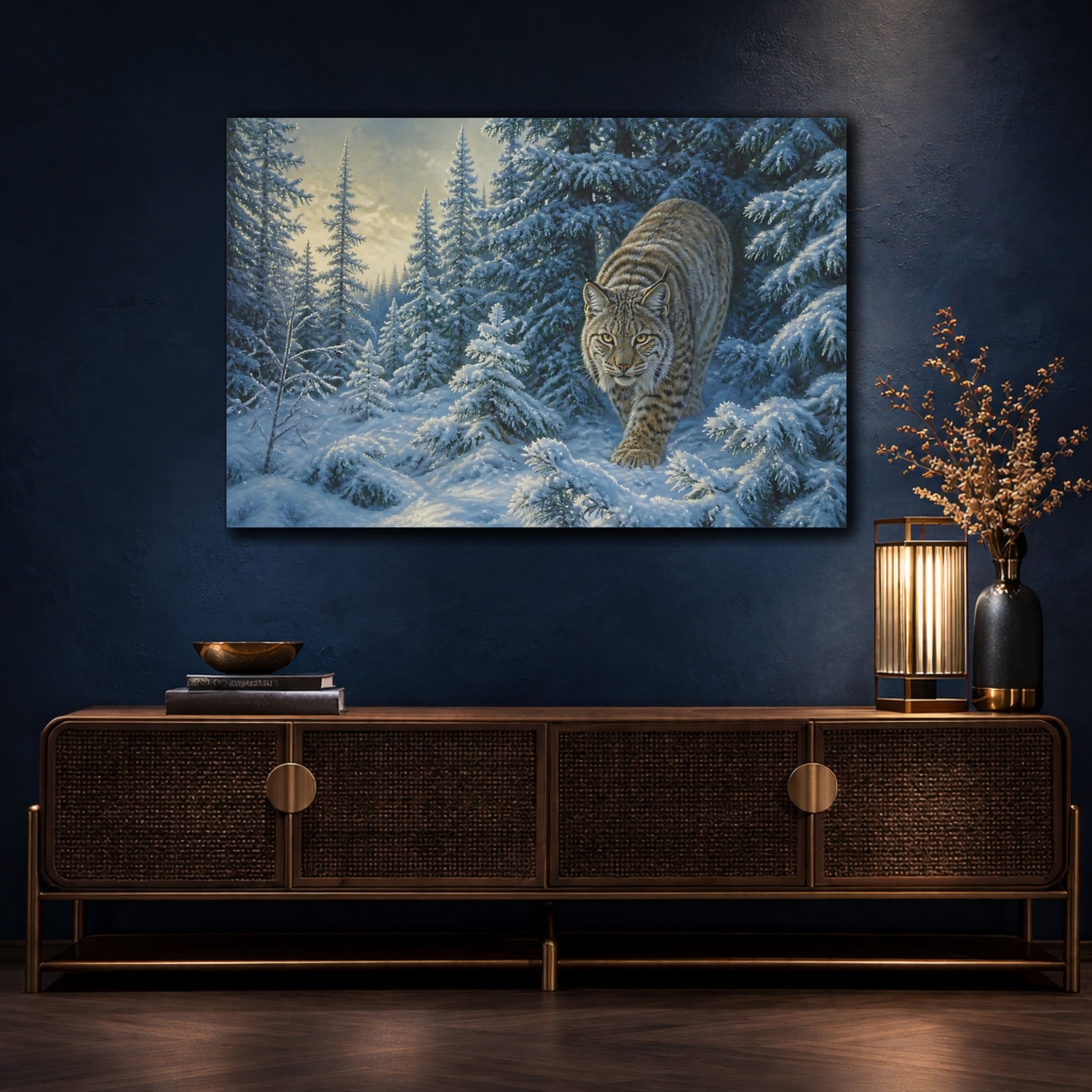 Mockup 4. Lynx In Snowy Pines shown as canvas print