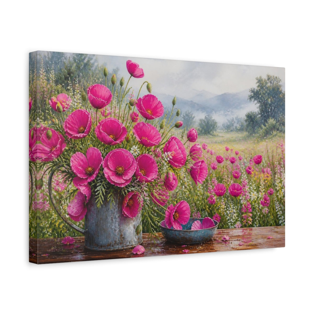Side Mockup 4. Magenta Meadow Poppies shown as canvas print