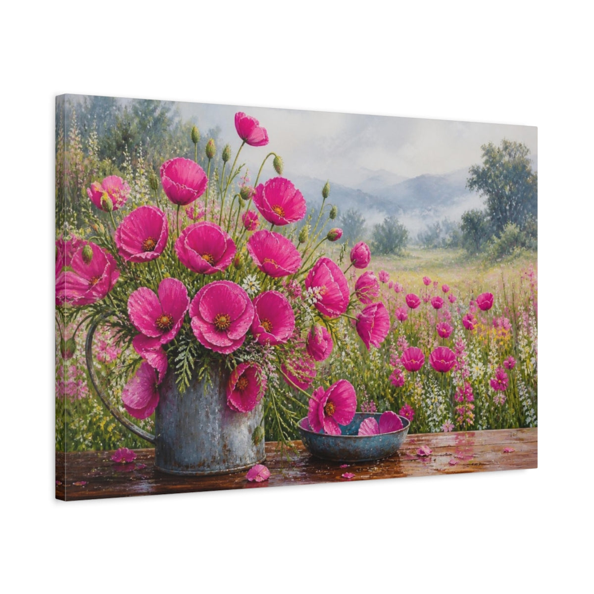 Side Mockup 2. Magenta Meadow Poppies shown as canvas print