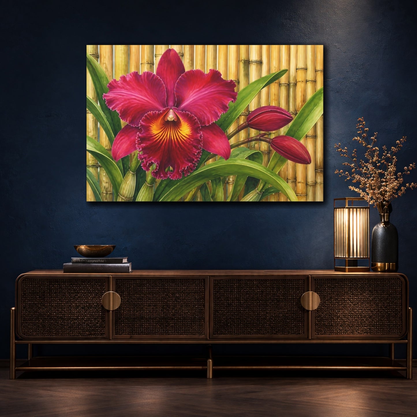 Mockup 4. Magenta Orchid With Bamboo shown as canvas print