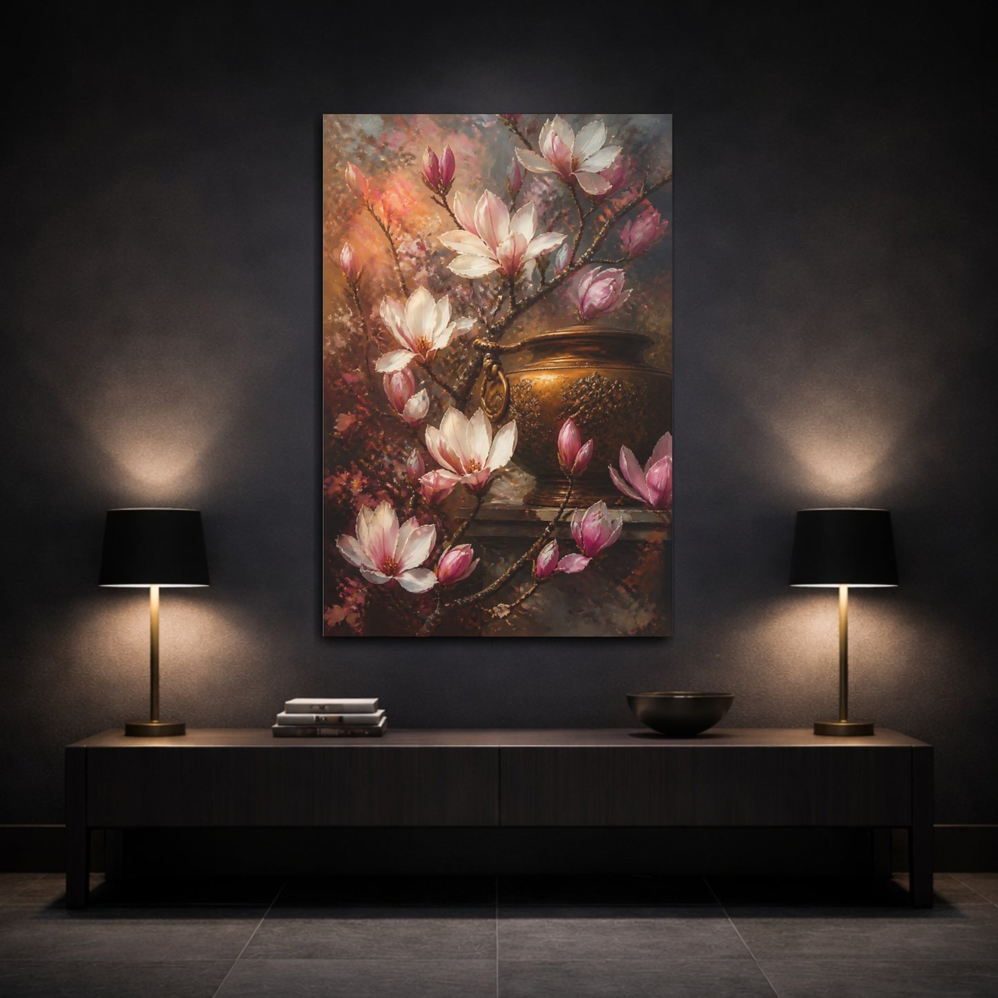 Mockup 3. Magnolia Flowers & Bronze Vessel shown as canvas print
