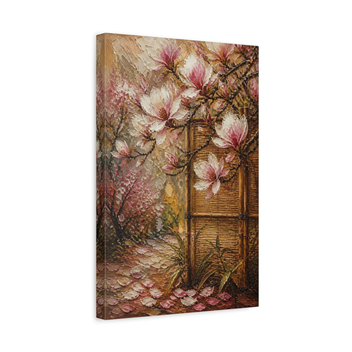 Side Mockup 4. Magnolia Flowers And Bamboo shown as canvas print