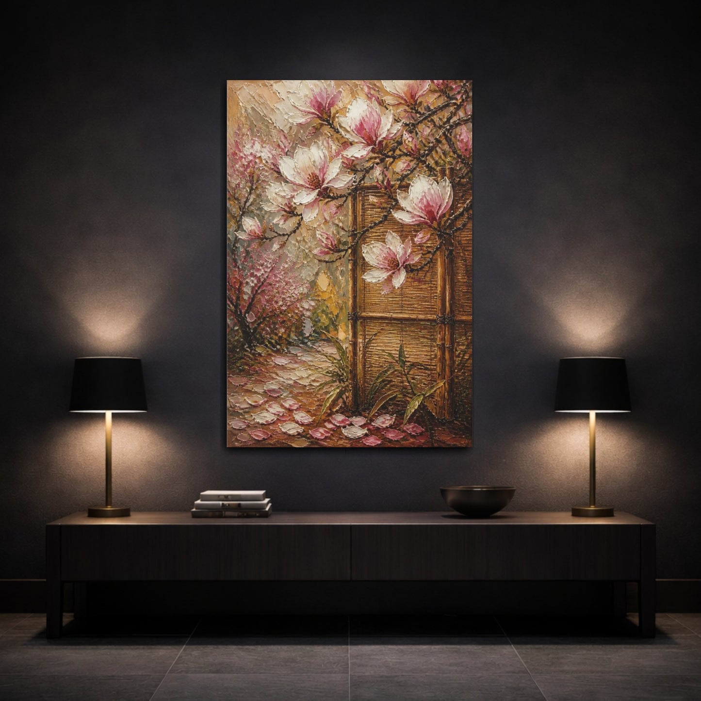 Mockup 3. Magnolia Flowers And Bamboo shown as canvas print
