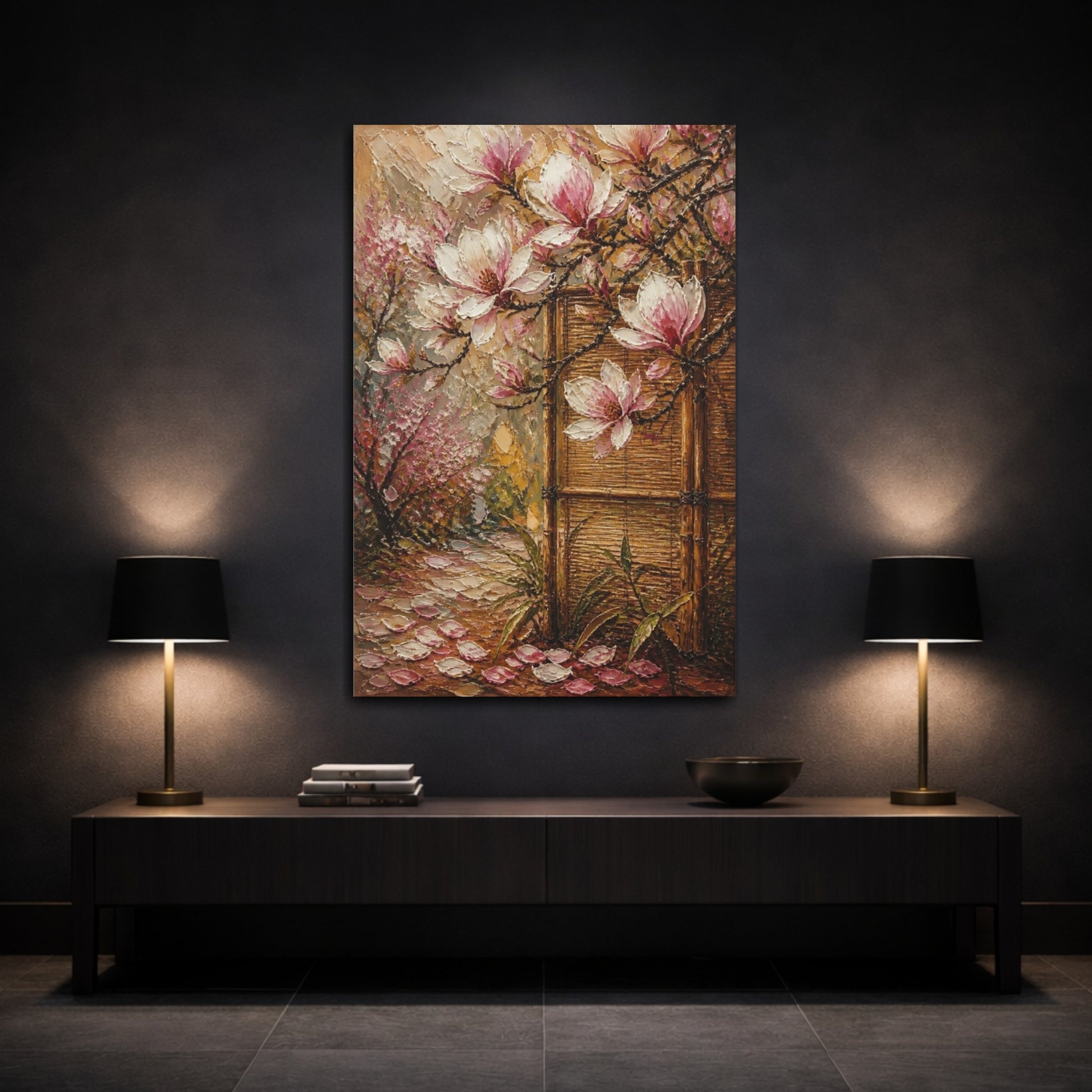 Mockup 3. Magnolia Flowers And Bamboo shown as canvas print