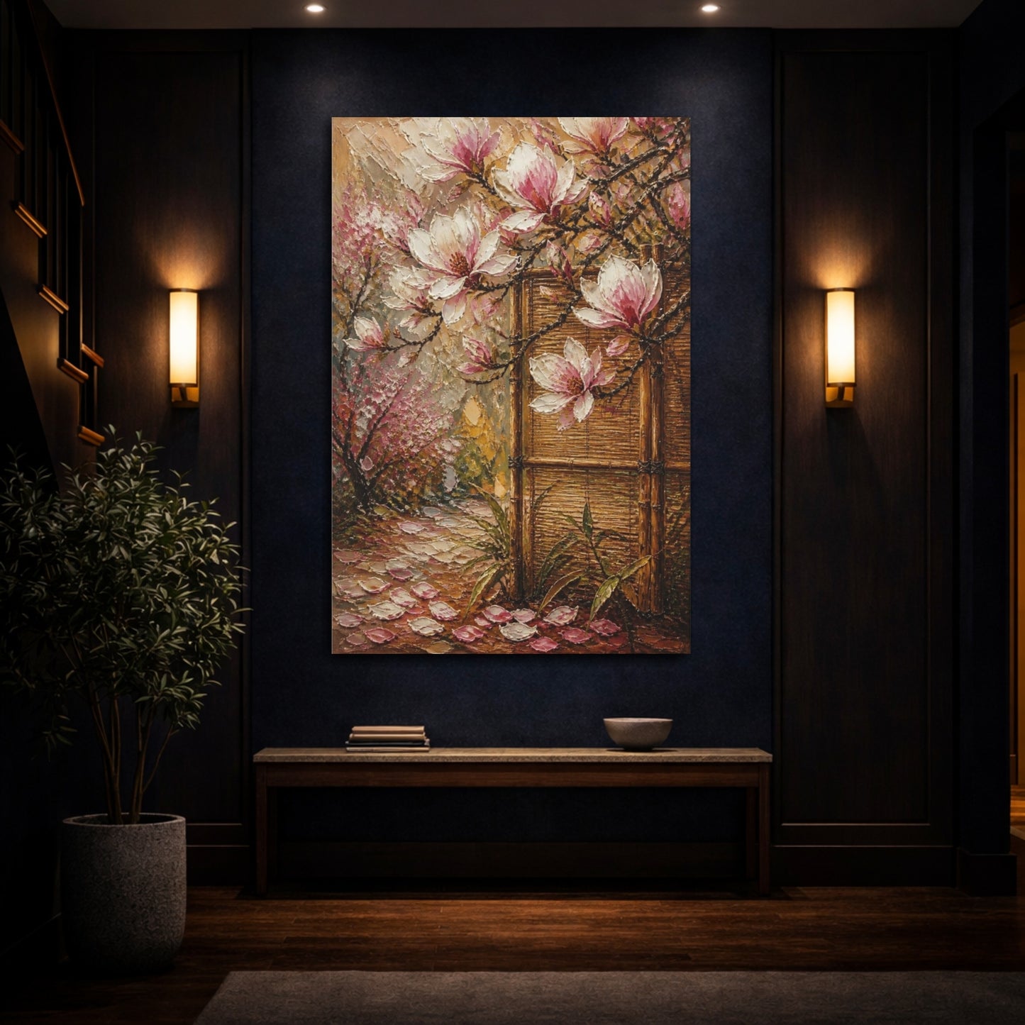 Mockup 4. Magnolia Flowers And Bamboo shown as canvas print