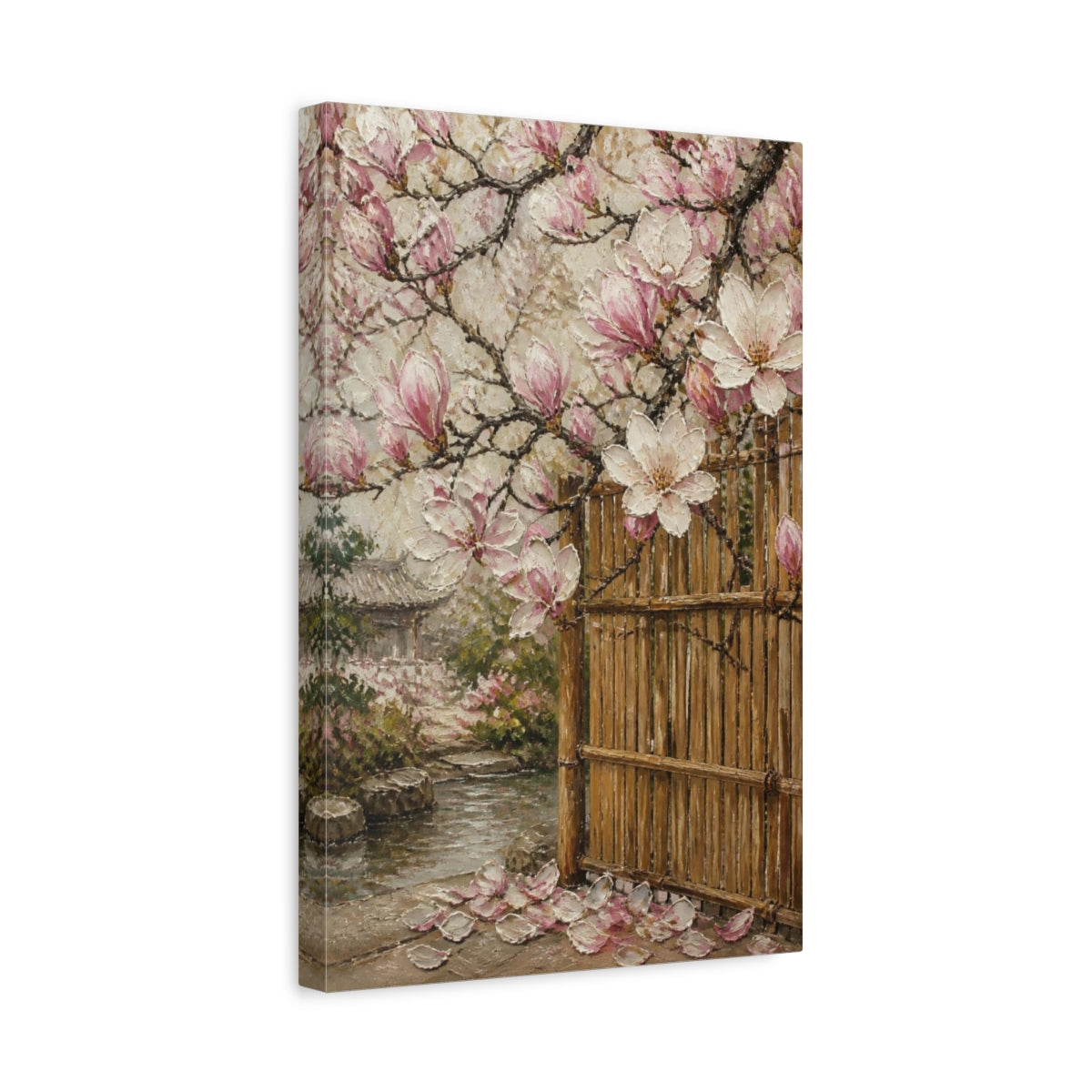 Side Mockup 4. Magnolia Flowers By Bamboo Gate shown as canvas print