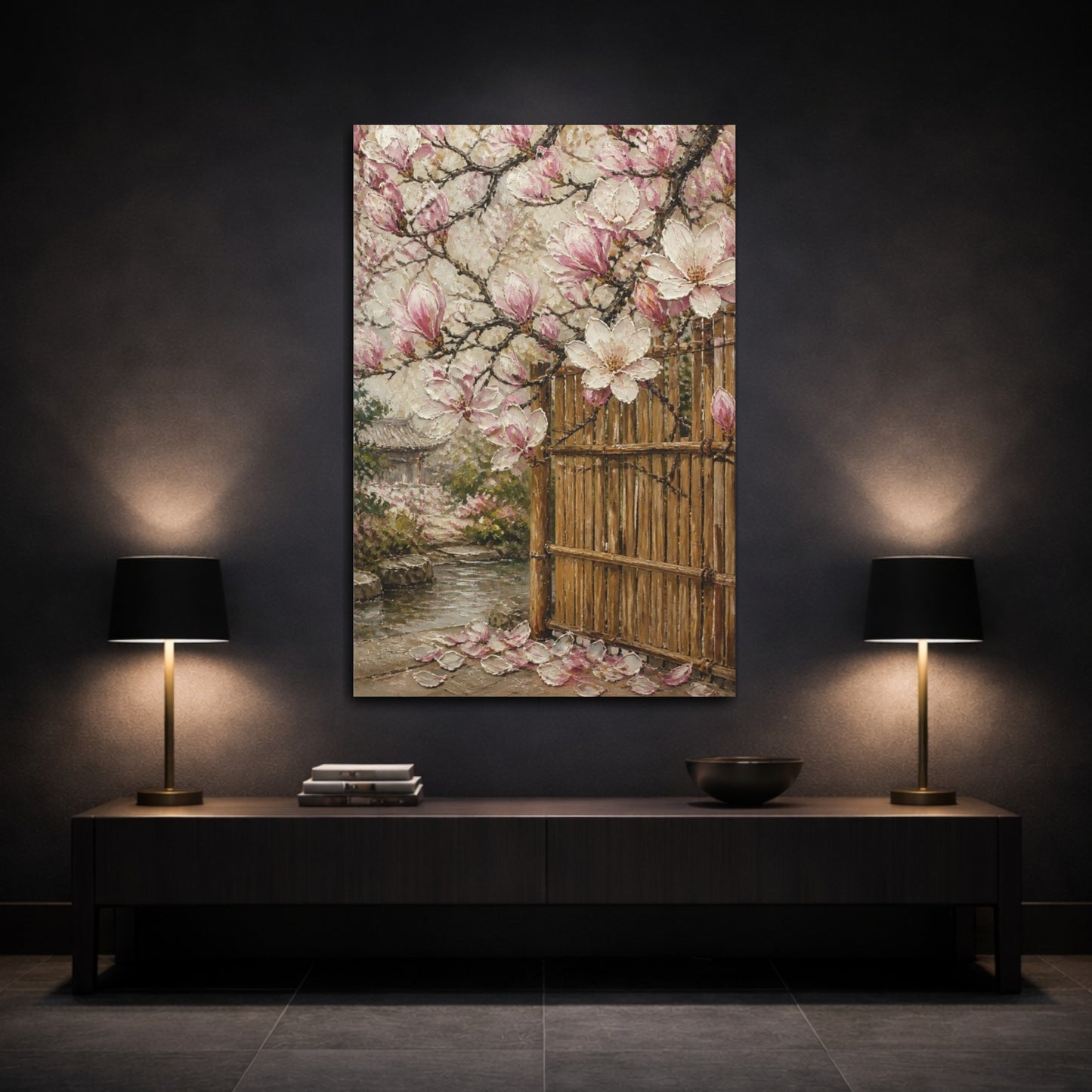 Mockup 3. Magnolia Flowers By Bamboo Gate shown as canvas print
