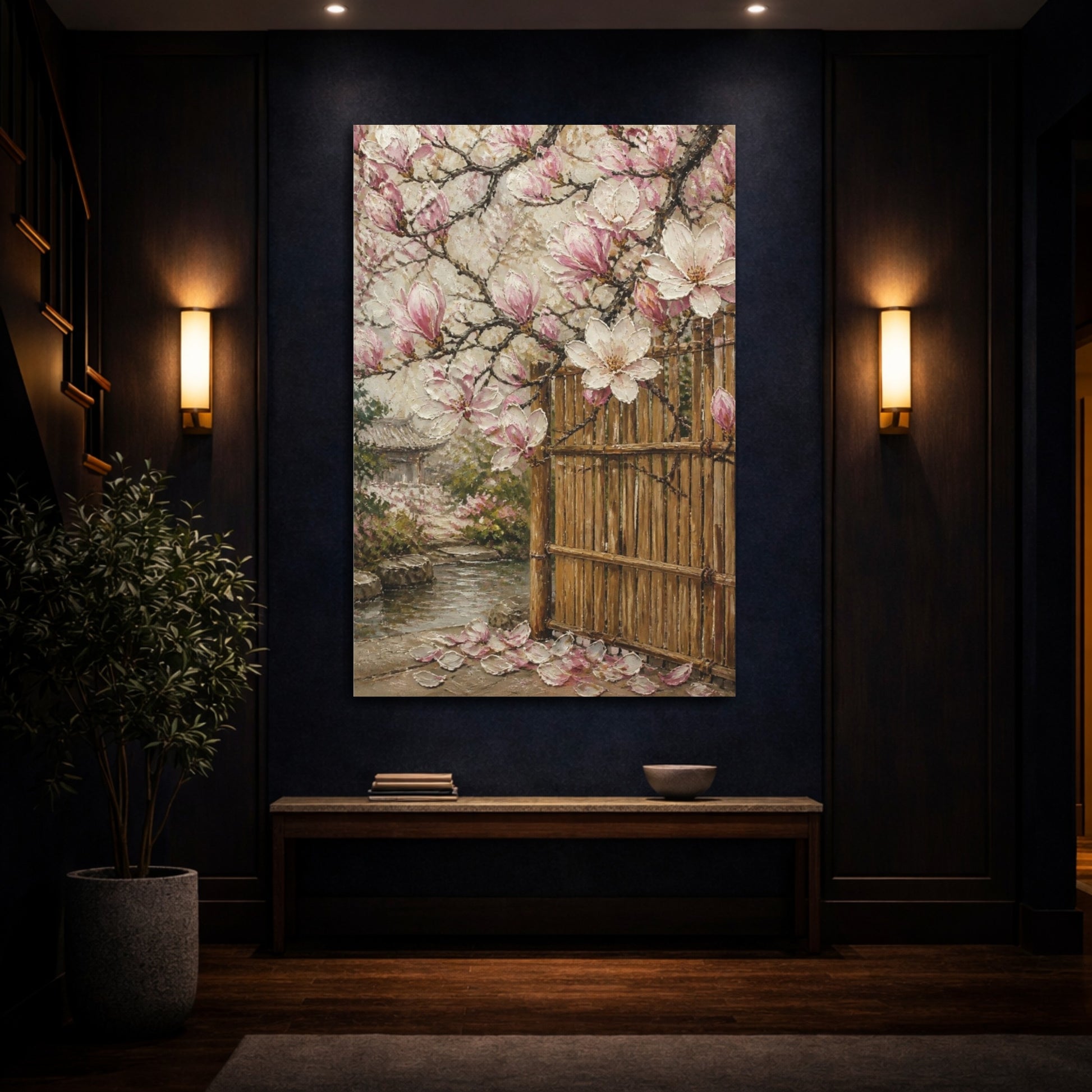 Mockup 4. Magnolia Flowers By Bamboo Gate shown as canvas print